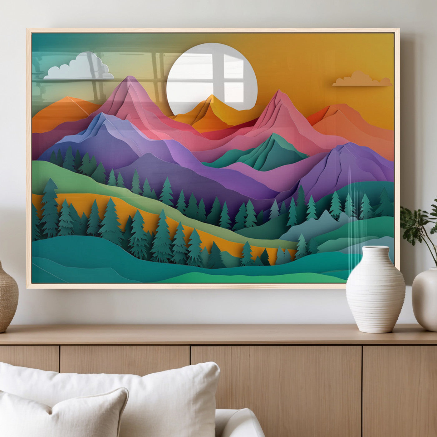 96175-MGV-FP-60X30-3P_Natural-Colorful Mountains Wall Art Canvas Print, Framed Layered Hills Art Picture Print, Sunset Mountain Perfect Vibrant Modern Decor