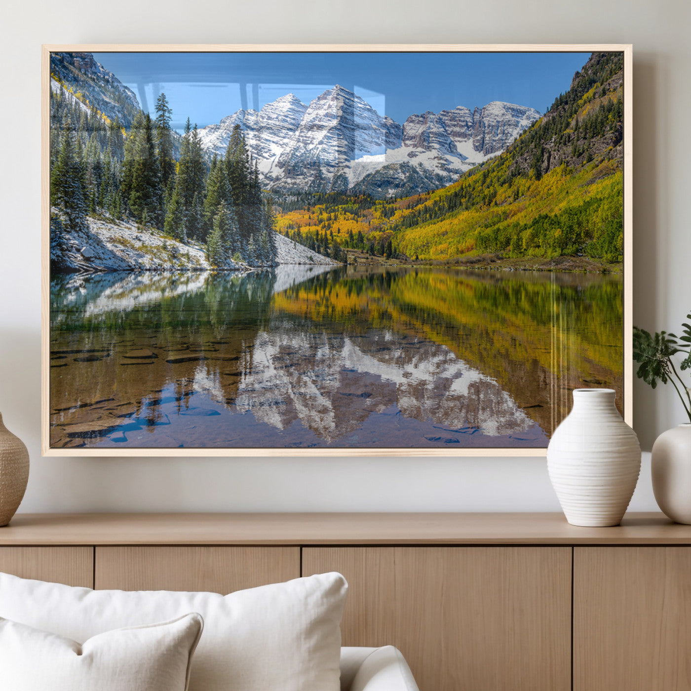 87724099-MGV-FP-36X24-3P_Natural-Maroon Bells Wall Art Canvas Print, Framed Snowy Mountains Art Picture Print, Pine Forest Perfect Vibrant Alpine Decor Artwork