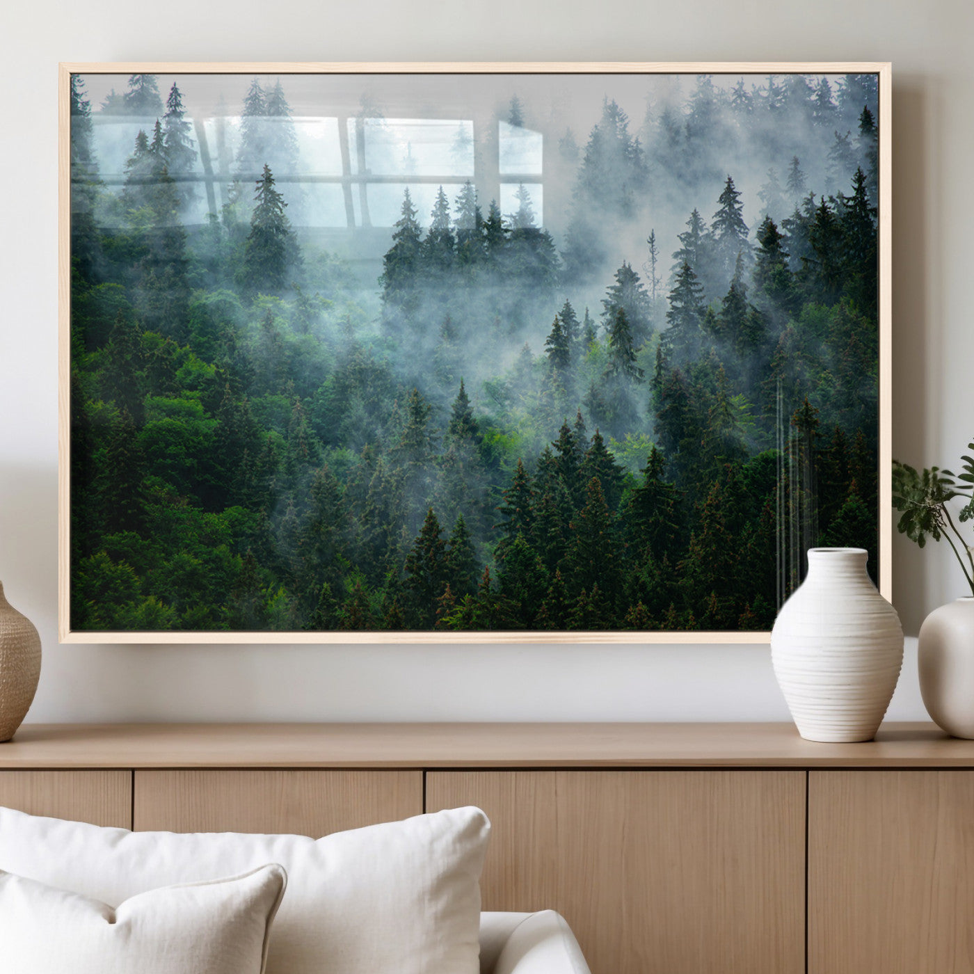 17393683-MGV-FP-36X24-3P_Natural-Misty Forest Art Wall Art Canvas Print, Framed Foggy Mountain Art Art Picture Print, Scenic Wall Print Perfect Decor Artwork