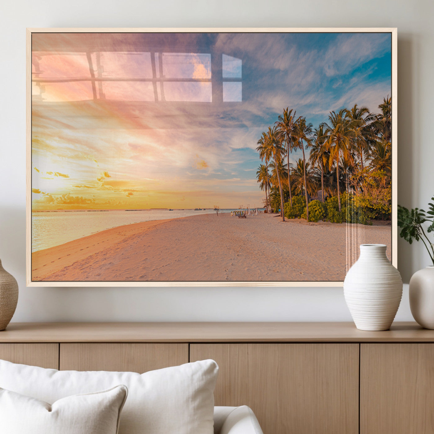 41542880-MGV-FP-36X24-3P_Natural-Tropical Beach Wall Art Canvas Print, Framed Palm Trees Art Picture Print, Sunset Shore Perfect Tropical Coastal Decor Artwork