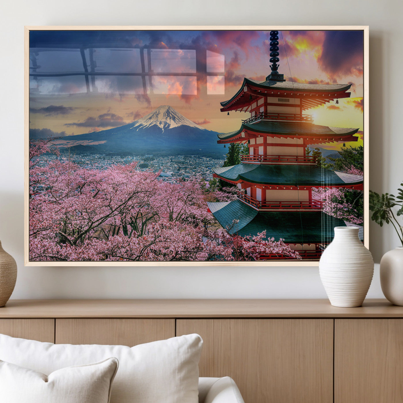 32331262-MGV-FP-36X24-3P_Natural-Mount Fuji Japan Wall Art – Cherry Blossom Landscape Canvas Print, Chureito Pagoda Sunset Photography, Japanese Nature Travel