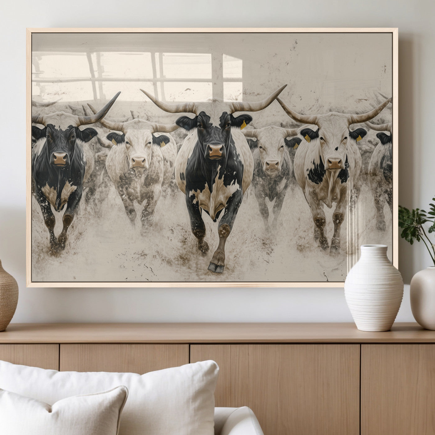61538944-MGV-FP-36X24-3P_Natural-Texas Longhorn Wall Art Canvas Print, Framed Cattles Walking Art Picture Print, Black White Bulls Perfect Rustic Western Decor