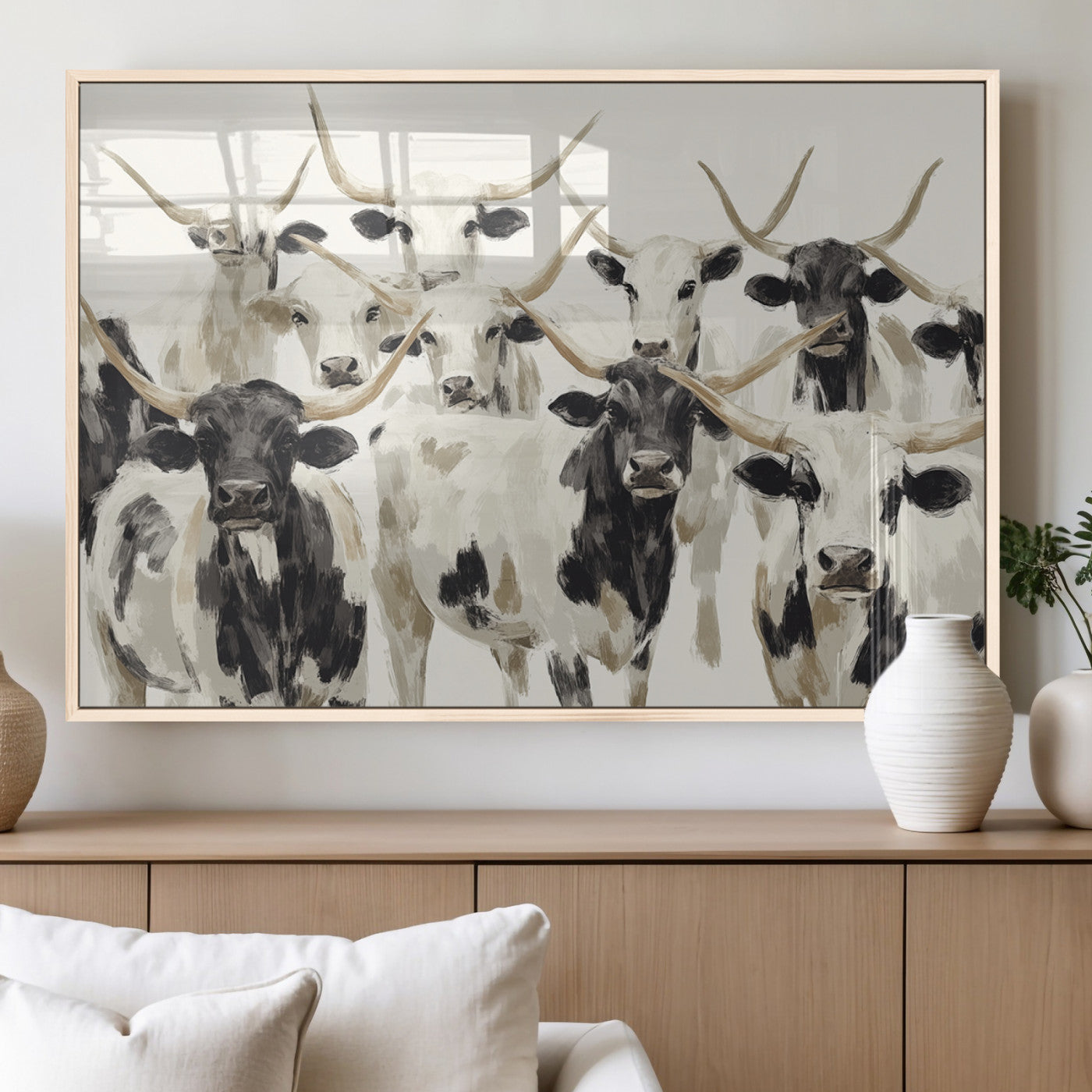 52947970-MGV-FP-60X30-3P_Natural-Texas Longhorn Wall Art Canvas Print, Framed Cattle Herd Art Picture Print, Herd Portrait Perfect Modern Farmhouse Decor Artwork