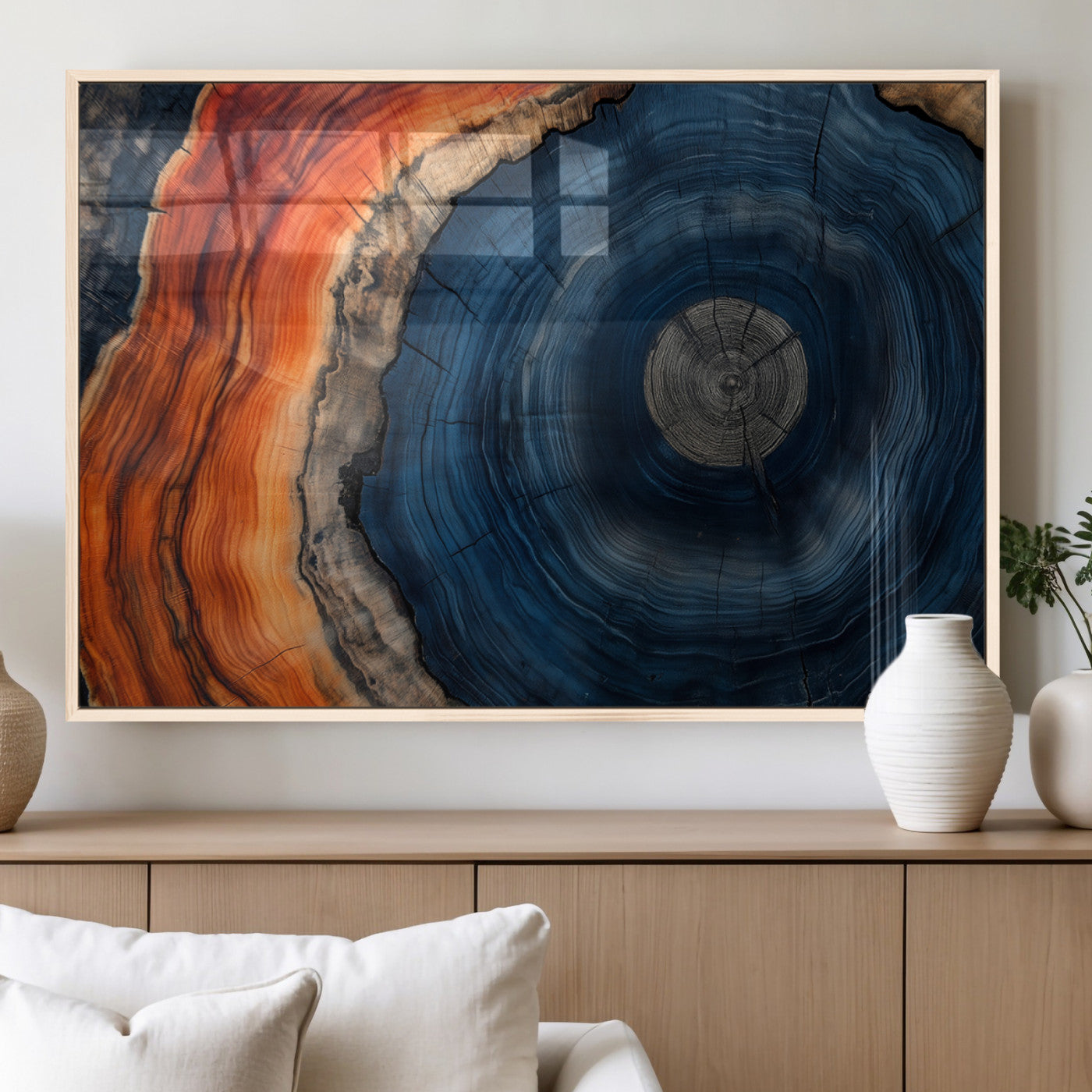 99491700-MGV-FP-36X24-3P_Natural-Tree Ring Canvas Wall Art – Blue Orange Abstract Wood Grain Print, Rustic Modern Nature Artwork for Living Room, Office, Bedroom