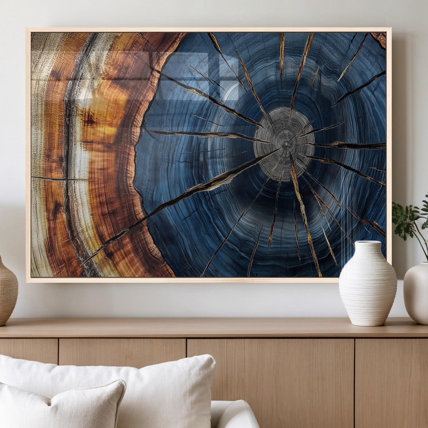 45268471-MGV-FP-36X24-3P_Natural-Blue Tree Ring Wall Art – Rustic Wood Cross Section Canvas Print, Modern Abstract Nature Decor for Living Room, Office, or Cabin
