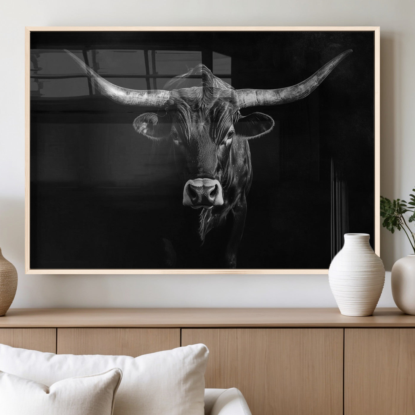 42077175-MGV-FP-36X24-3P_Natural-Texas Longhorn Wall Art Canvas Print, Framed Monochrome Bull Art Picture Print, Horned Bull Perfect Rustic Western Decor Artwork
