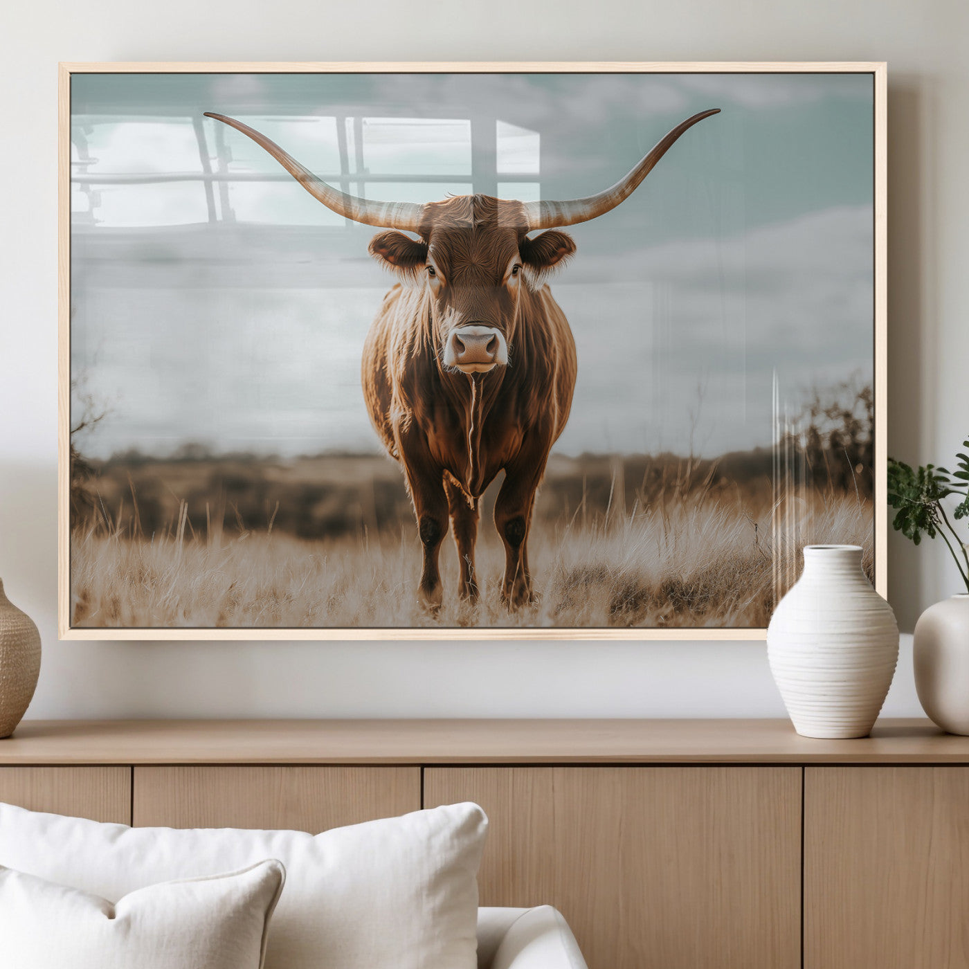 39350715-MGV-FP-36X24-3P_Natural-Texas Longhorn Wall Art Canvas Print, Framed Longhorn Cow Art Picture Print, Western Cattle Perfect Rustic Western Decor Artwork