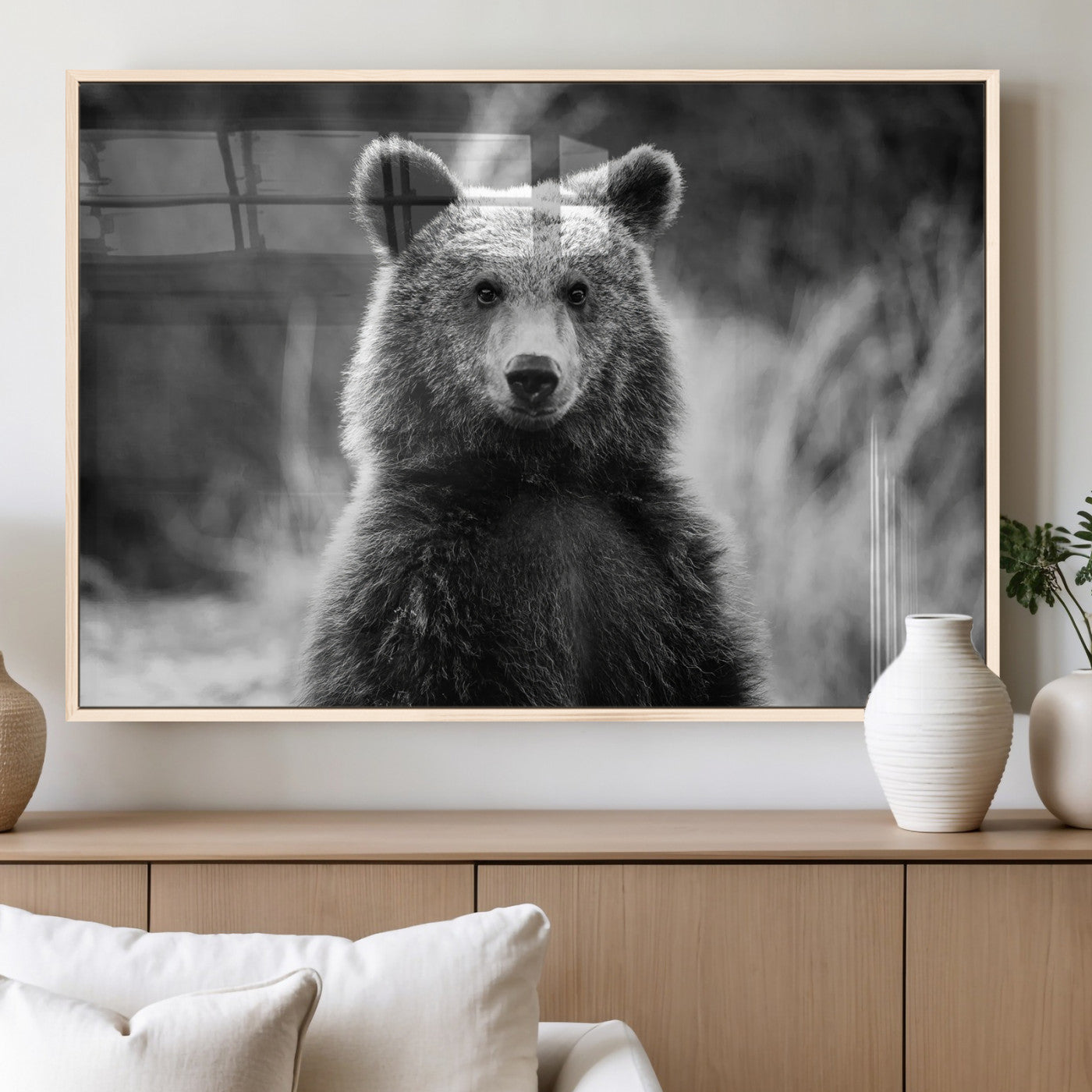 MGV-FP-36X24-3P - Grizzly Bear Wall Art Canvas Print, Framed Black White Bear Art Picture Print, Wild Bear Perfect Rustic Wildlife Decor Artwork