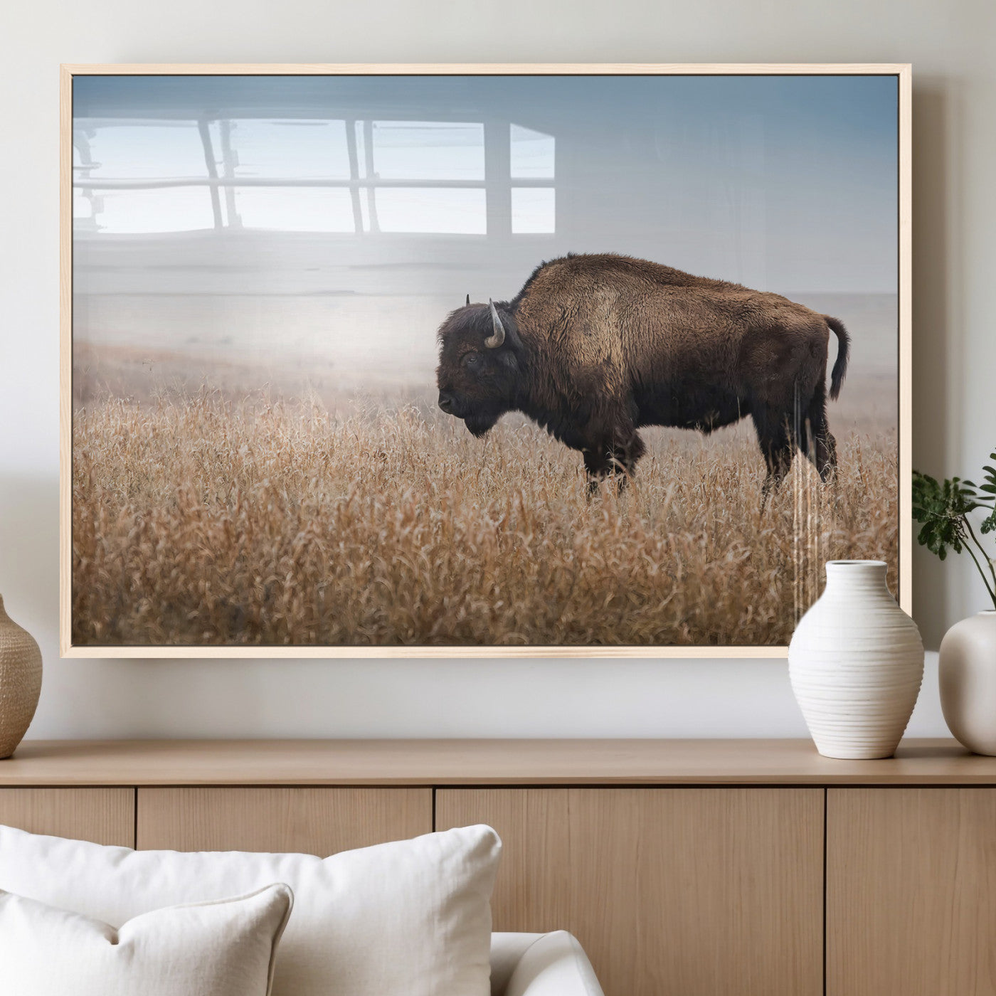 91267849-MGV-FP-36X24-3P_Natural-Wild Bison Wall Art Canvas Print, Framed Bison in Prairie Art Picture Print, Rustic Western Perfect Rustic Western Decor Artwork