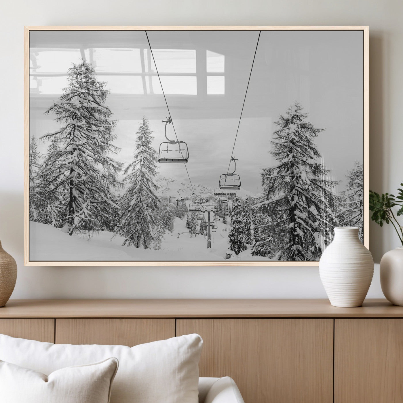 55003599-MGV-FP-36X24-3P_Natural-Snowy Ski Lift Wall Art Canvas Print, Framed Winter Forest Art Picture Print, Ski lift Ride Perfect Winter Lodge Decor Artwork