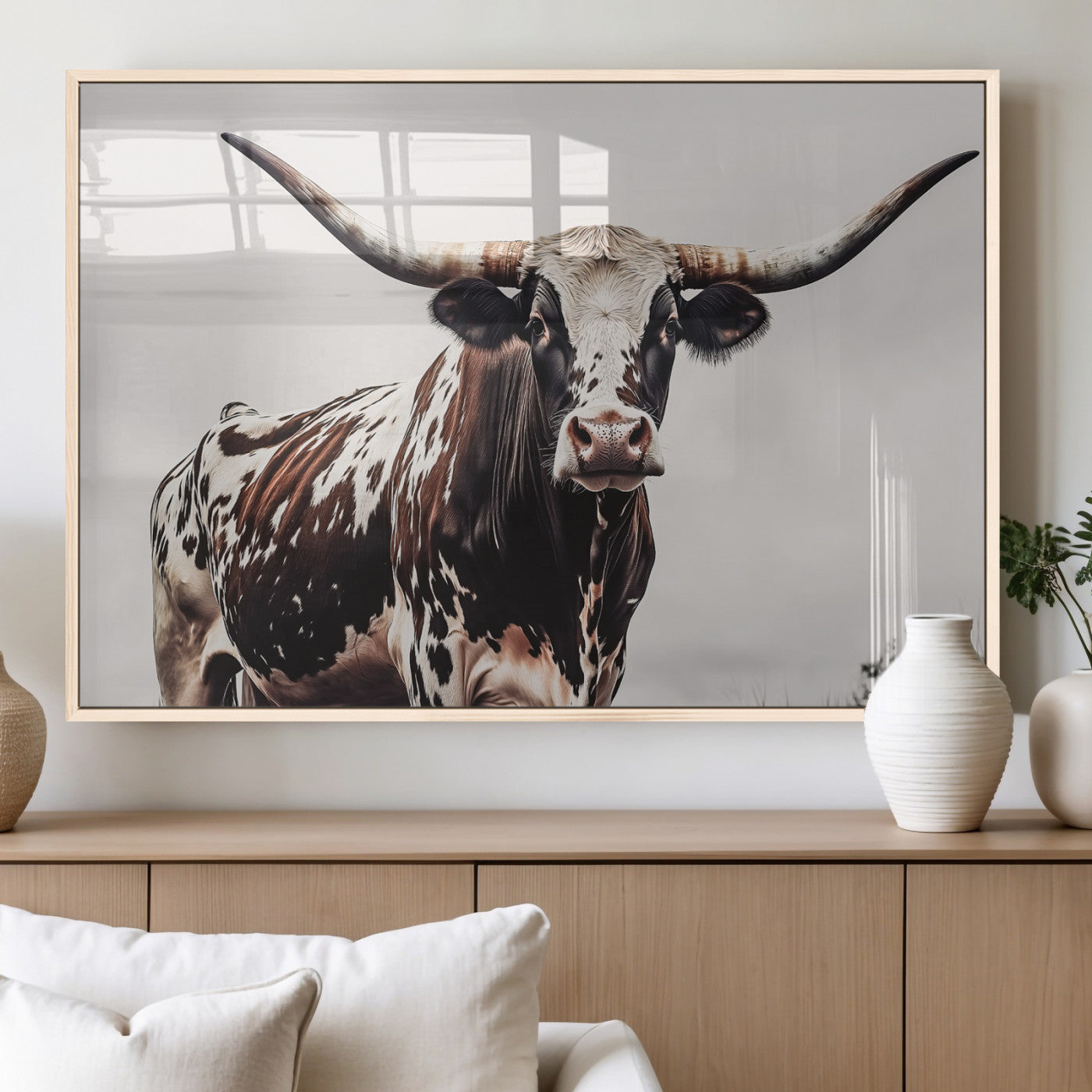 95249234-MGV-FP-36X24-3P_Natural-Texas Longhorn Wall Art Canvas Print, Framed Spotted Bull Art Picture Print, Horned Cattle Perfect Rustic Farmhouse Decor Artwork