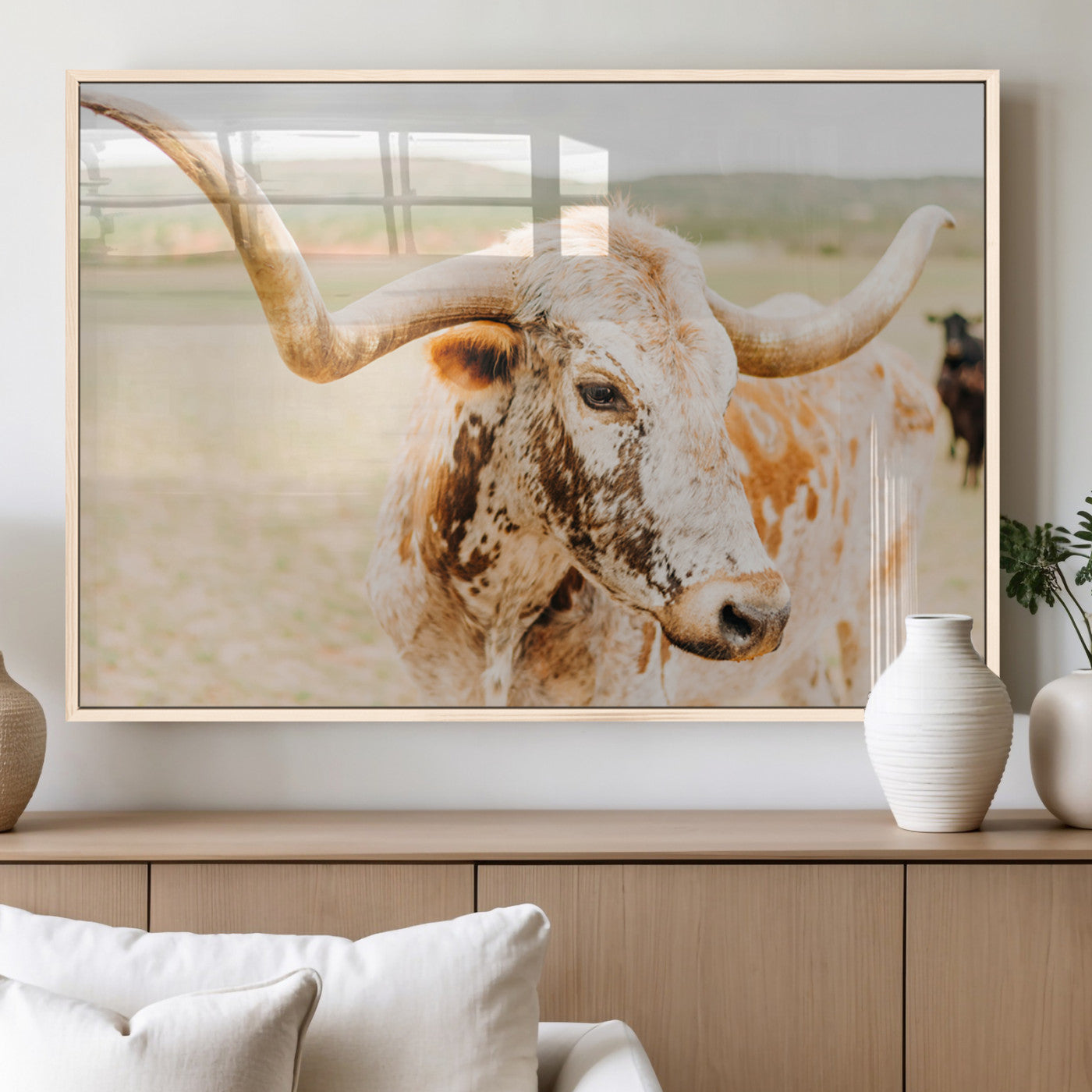 21060648-MGV-FP-36X24-3P_Natural-Texas Longhorn Wall Art Canvas Print, Framed Speckled Cow Art Picture Print, Rustic Bull Perfect Rustic Western Decor Artwork