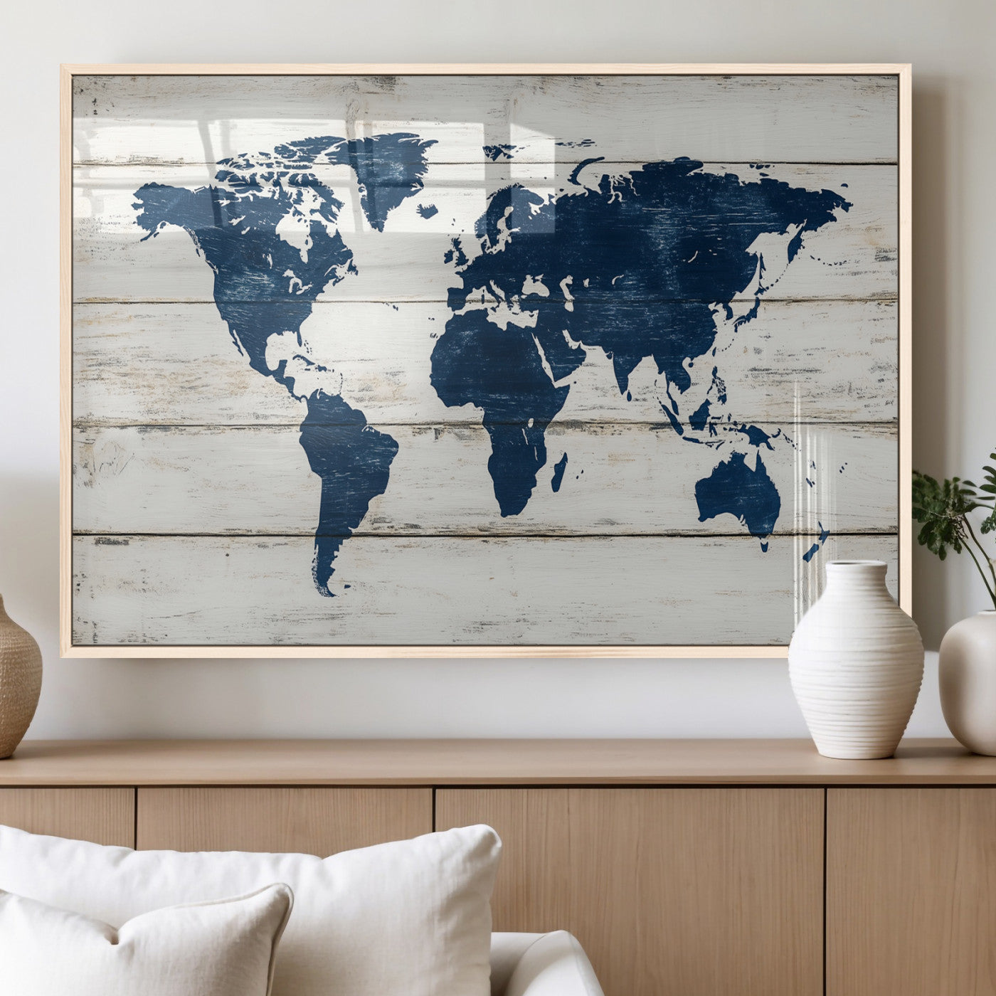 42865106-MGV-FP-60X30-3P_Natural-World Map Wall Art Canvas Print, Framed Wooden Map Art Picture Print, Dark Blue Continents Perfect Vintage Decor Artwork