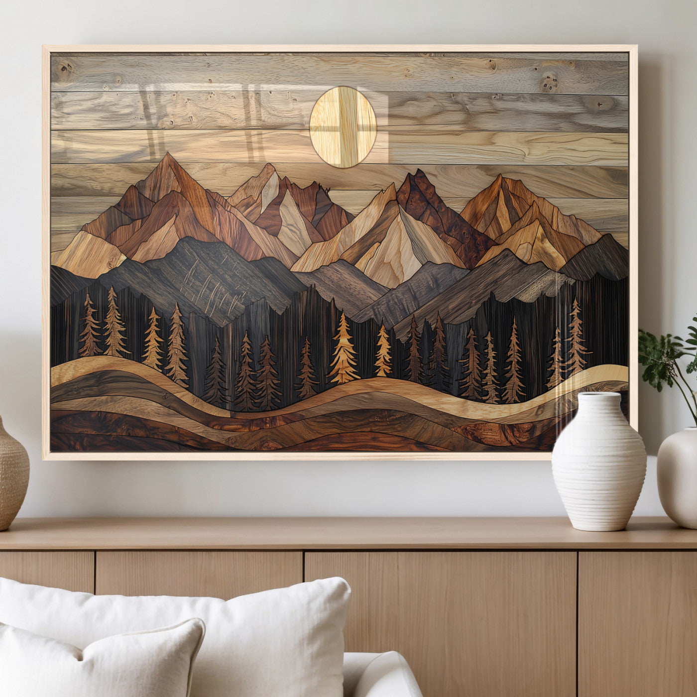 50100230-MGV-FP-36X24-3P_Natural-Wooden Mountain Wall Art – Rustic Nature Landscape Canvas Print, Handmade Style Sun, Forest, and Peaks Artwork for Living Room,