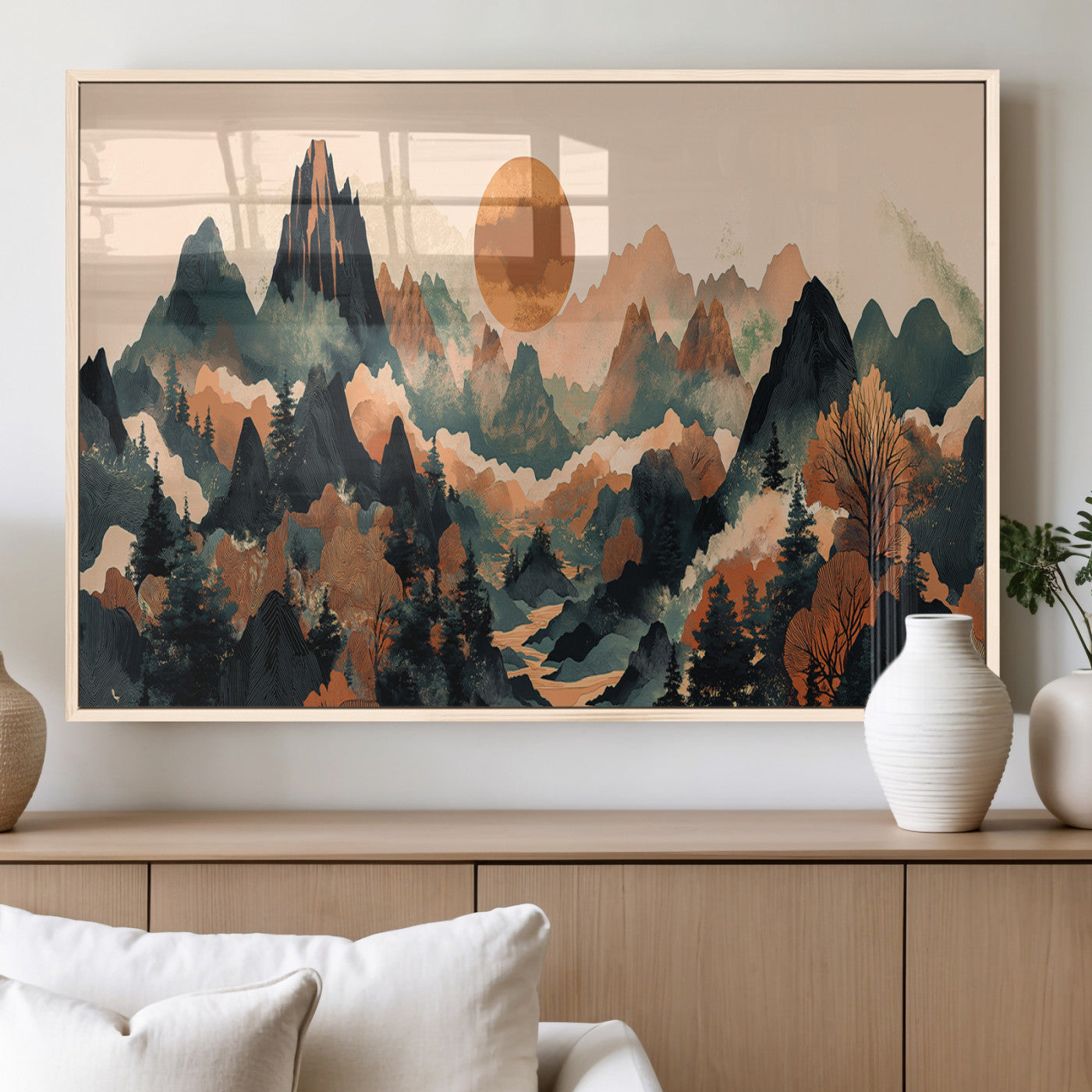 13012770-MGV-FP-36X24-3P_Natural-Mountain Landscape Wall Art – Modern Nature Canvas Print with Sun, Misty Peaks, and Forest in Orange and Green Tones for Living