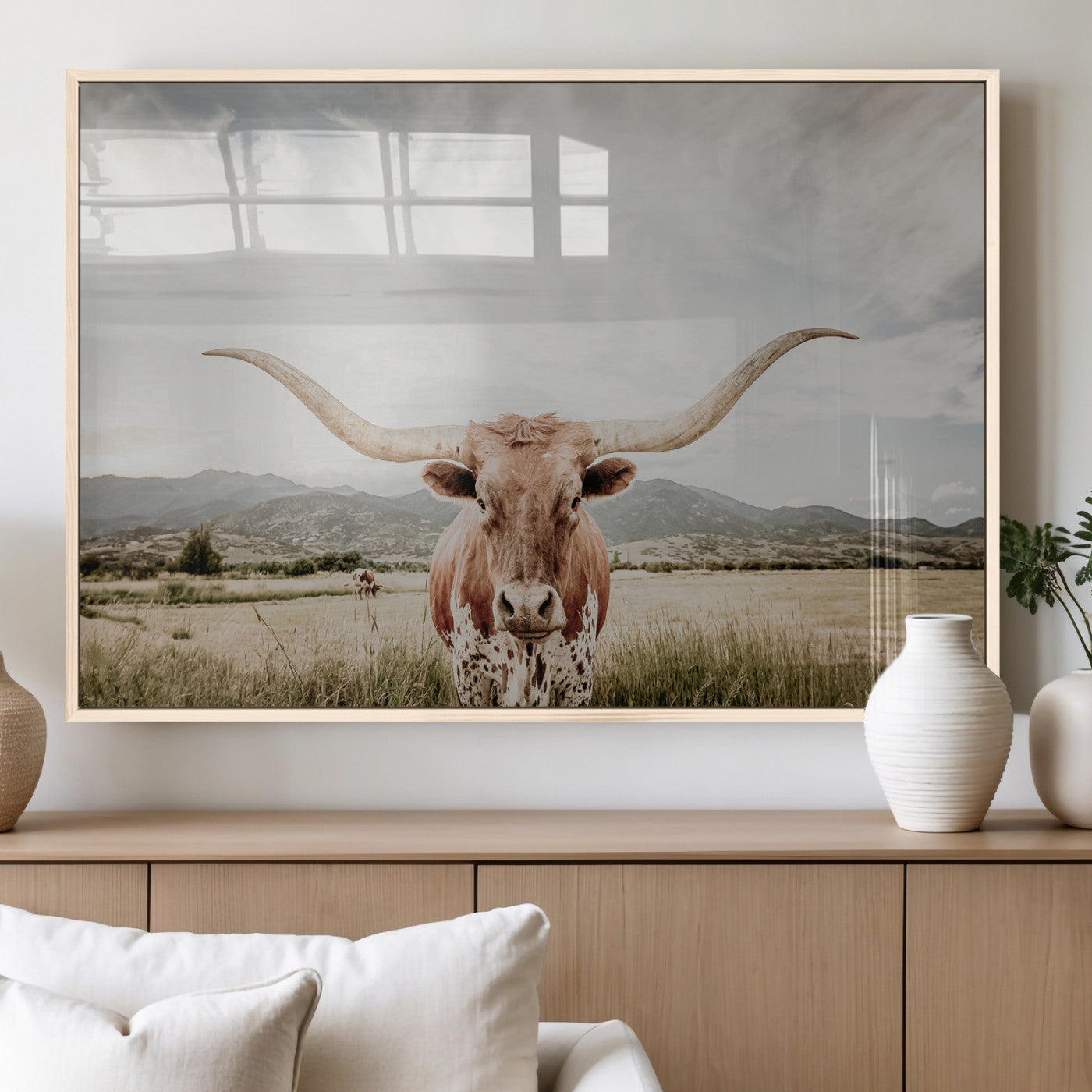 80054319-MGV-FP-60X30-3P_Natural-Texas Longhorn Wall Art Canvas Print, Framed Western Cow Art Picture Print, Rustic Farmhouse Perfect Farmhouse Decor Artwork