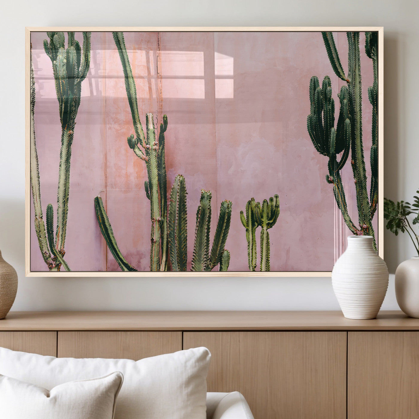 93119502-MGV-FP-60X30-3P_Natural-Tall Cactus Wall Art Canvas Print, Framed Pink Wall Art Picture Print, Cactus Lines Perfect Modern Desert Decor Artwork