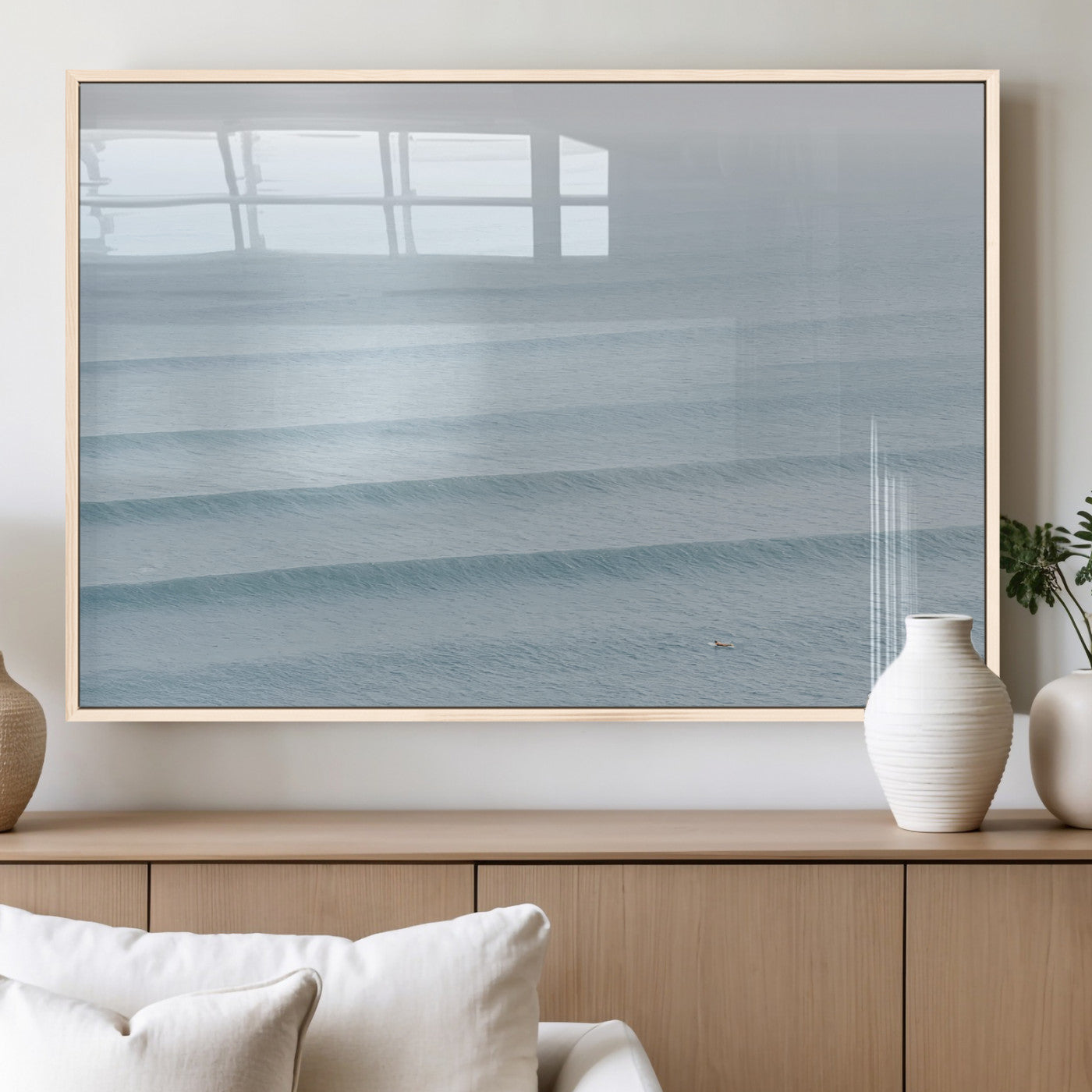 47814787-MGV-FP-36X24-3P_Natural-Ocean Waves Wall Art Canvas Print, Framed Solo Surfer Art Picture Print, Wave Lines Perfect Minimalist Ocean Decor Artwork