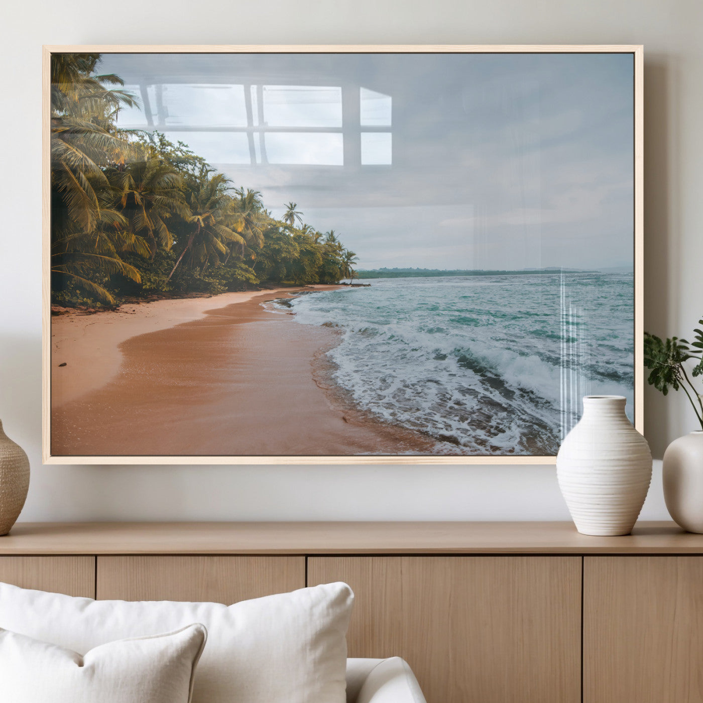 88125882-MGV-FP-36X24-3P_Natural-Tropical Shoreline Wall Art Canvas Print, Framed Palm Trees Art Picture Print, Tropical Ocean Perfect Tropical Coastal Decor