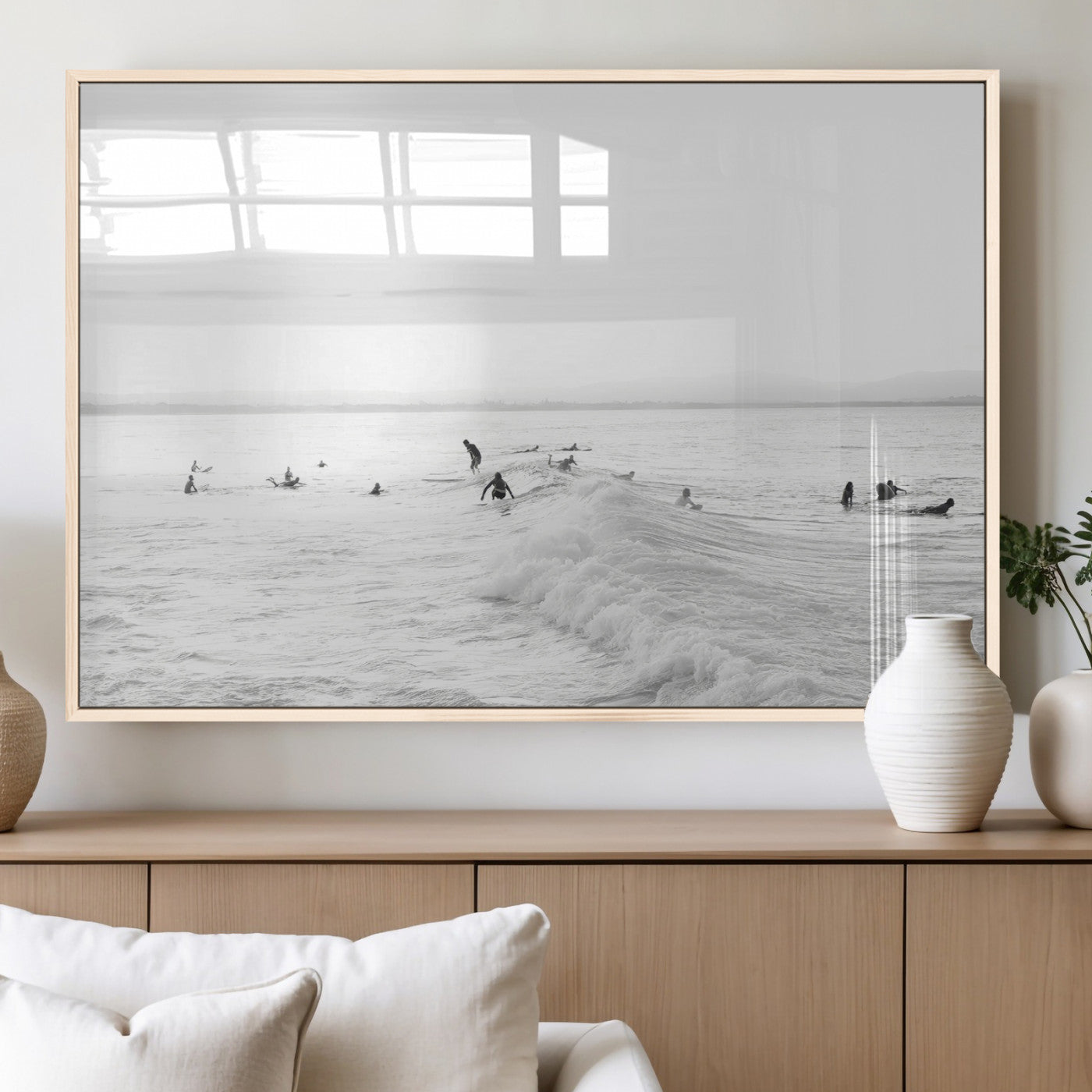 33449548-MGV-FP-36X24-3P_Natural-Group Surfers Wall Art Canvas Print, Framed Ocean Wave Art Picture Print, Surf Crowd Perfect Monochrome Surf Decor Artwork