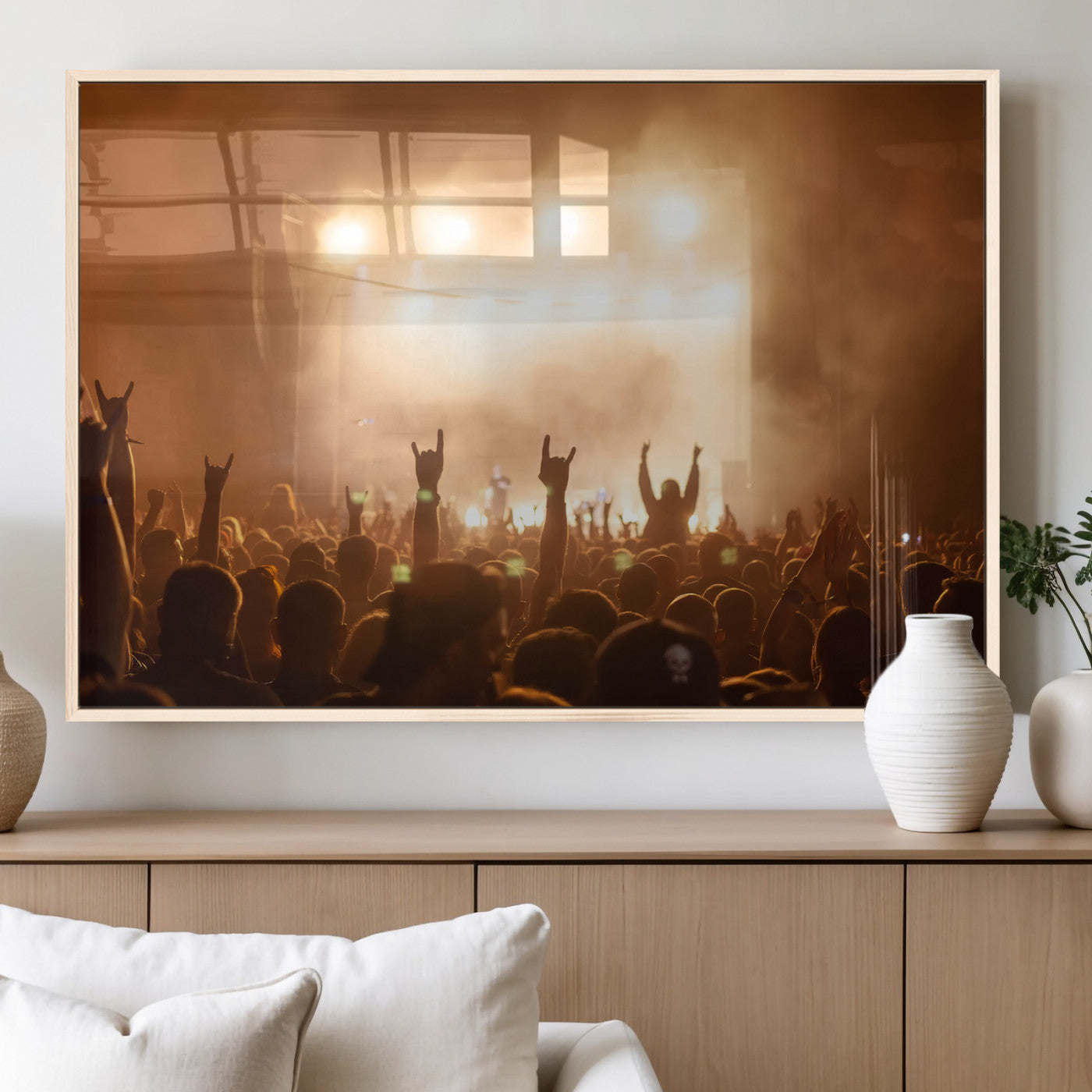70848729-MGV-FP-60X30-3P_Natural-Rock Concert Wall Art Canvas Print, Framed Music Crowd Art Picture Print, Stage Lights Perfect Industrial Urban Loft Decor Artwork