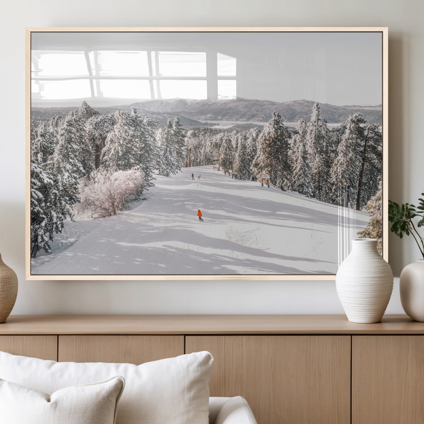 62119206-MGV-FP-36X24-3P_Natural-Snowy Trail Wall Art Canvas Print, Framed Ski Slope Art Picture Print, Winter Pines Perfect Alpine Adventure Decor Artwork