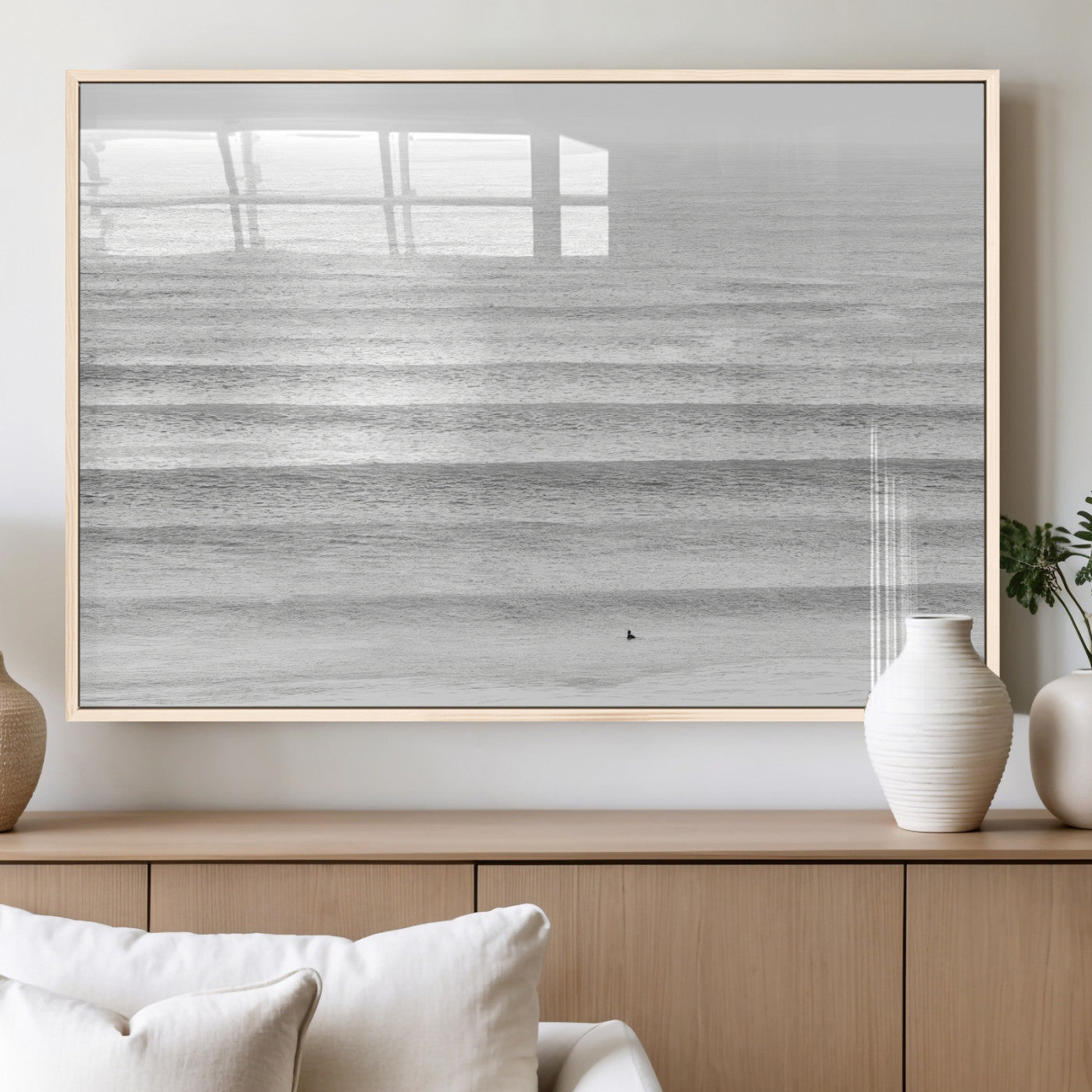 66534476-MGV-FP-36X24-3P_Natural-Lone Surfer Wall Art Canvas Print, Framed Ocean Waves Art Picture Print, Minimal Sea Perfect Minimal Coastal Decor Artwork