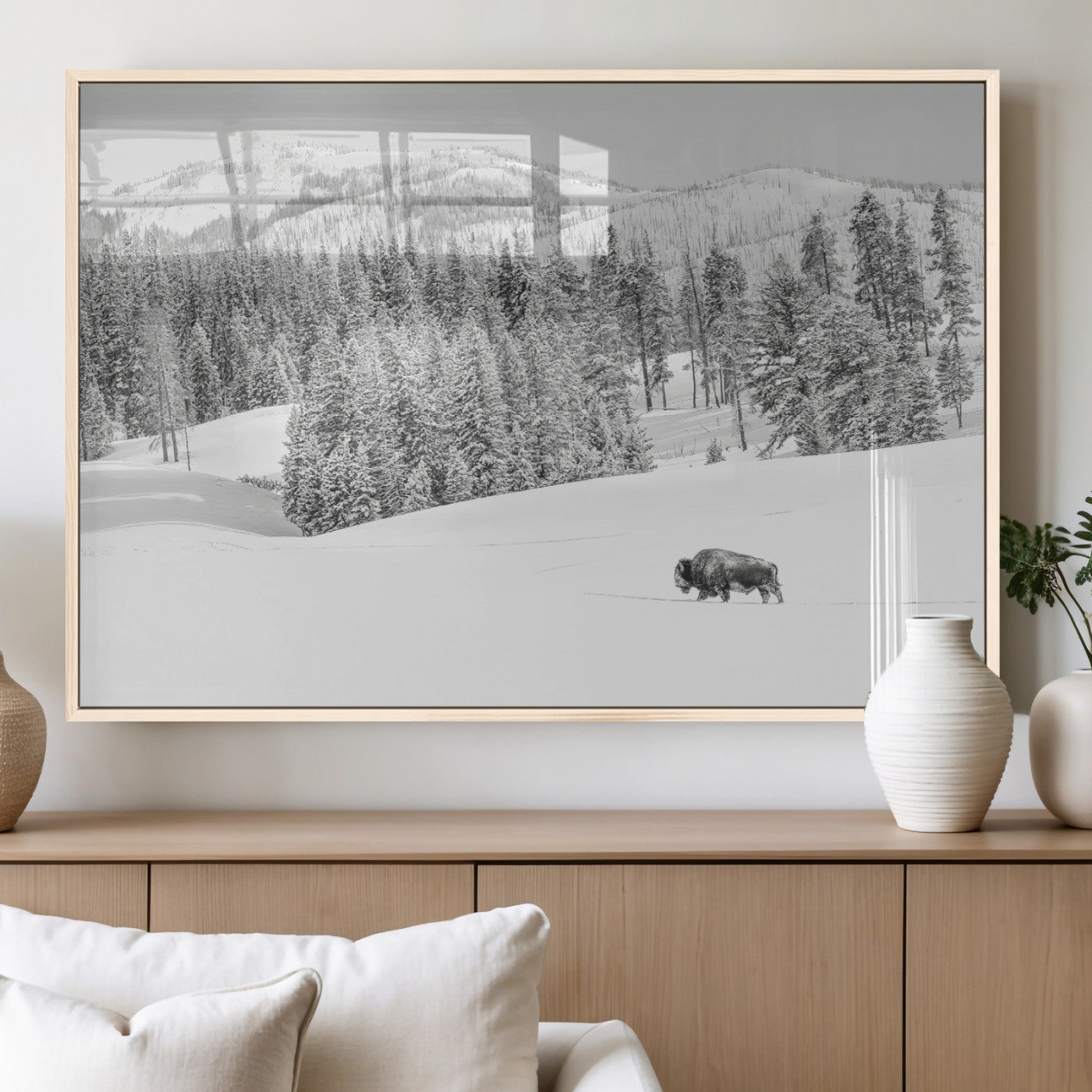 68081143-MGV-FP-36X24-3P_Natural-Snowy Bison Wall Art Canvas Print, Framed Winter Forest Art Picture Print, Lone Bison Perfect Monochrome Winter Wild Decor Artwork