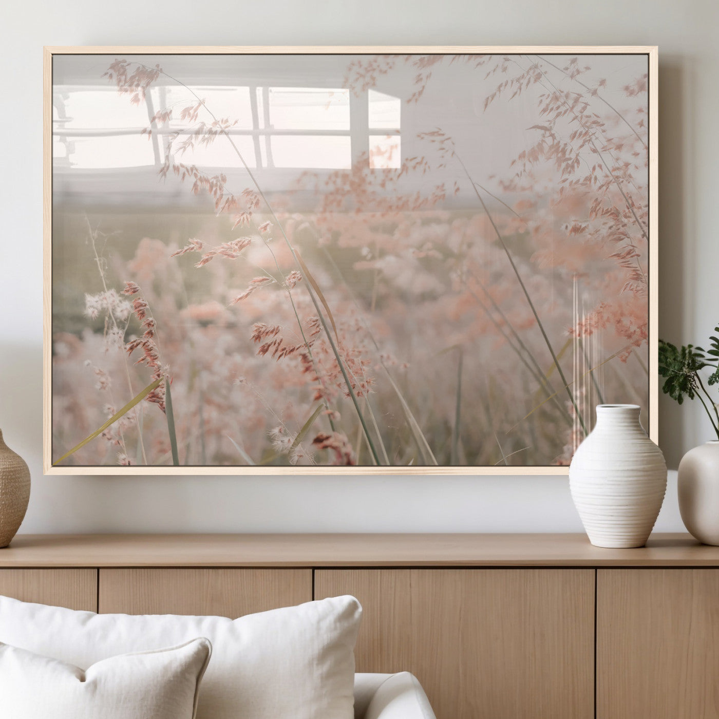 79164340-MGV-FP-36X24-3P_Natural-Pastel Grasses Wall Art Canvas Print, Framed Soft Meadow Art Picture Print, Field in Breeze Perfect Pastel Minimal Decor Artwork