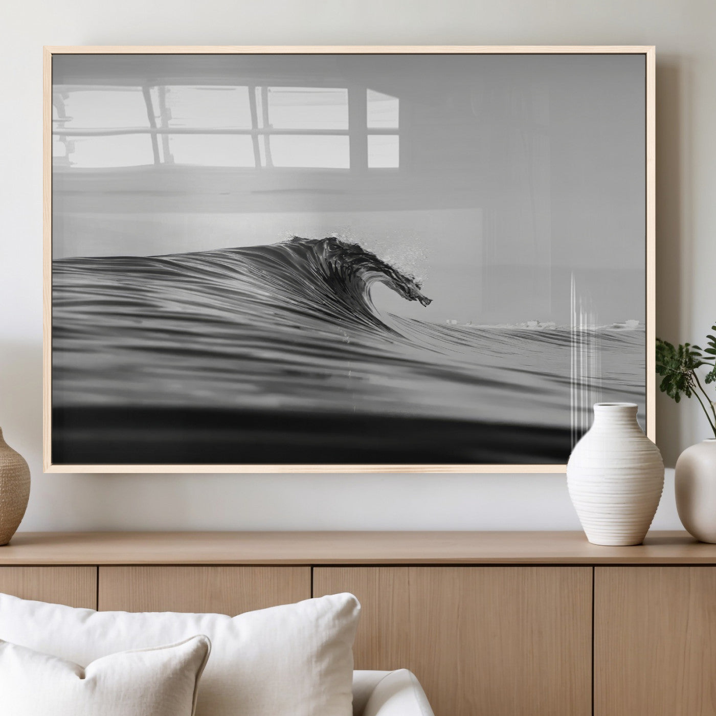 24029476-MGV-FP-36X24-3P_Natural-Black Wave Wall Art Canvas Print, Framed Abstract Surf Art Picture Print, Minimalist Ocean Perfect Minimalist Coastal Decor