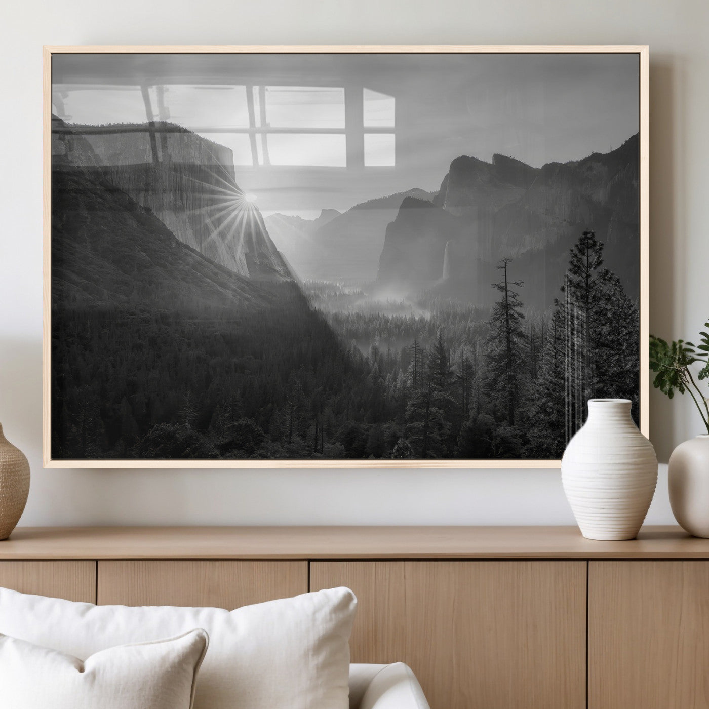 39278955-MGV-FP-60X30-3P_Natural-Yosemite Valley Wall Art Canvas Print, Framed El Capitan Art Picture Print, Misty Mountain Perfect Modern Rustic Decor Artwork
