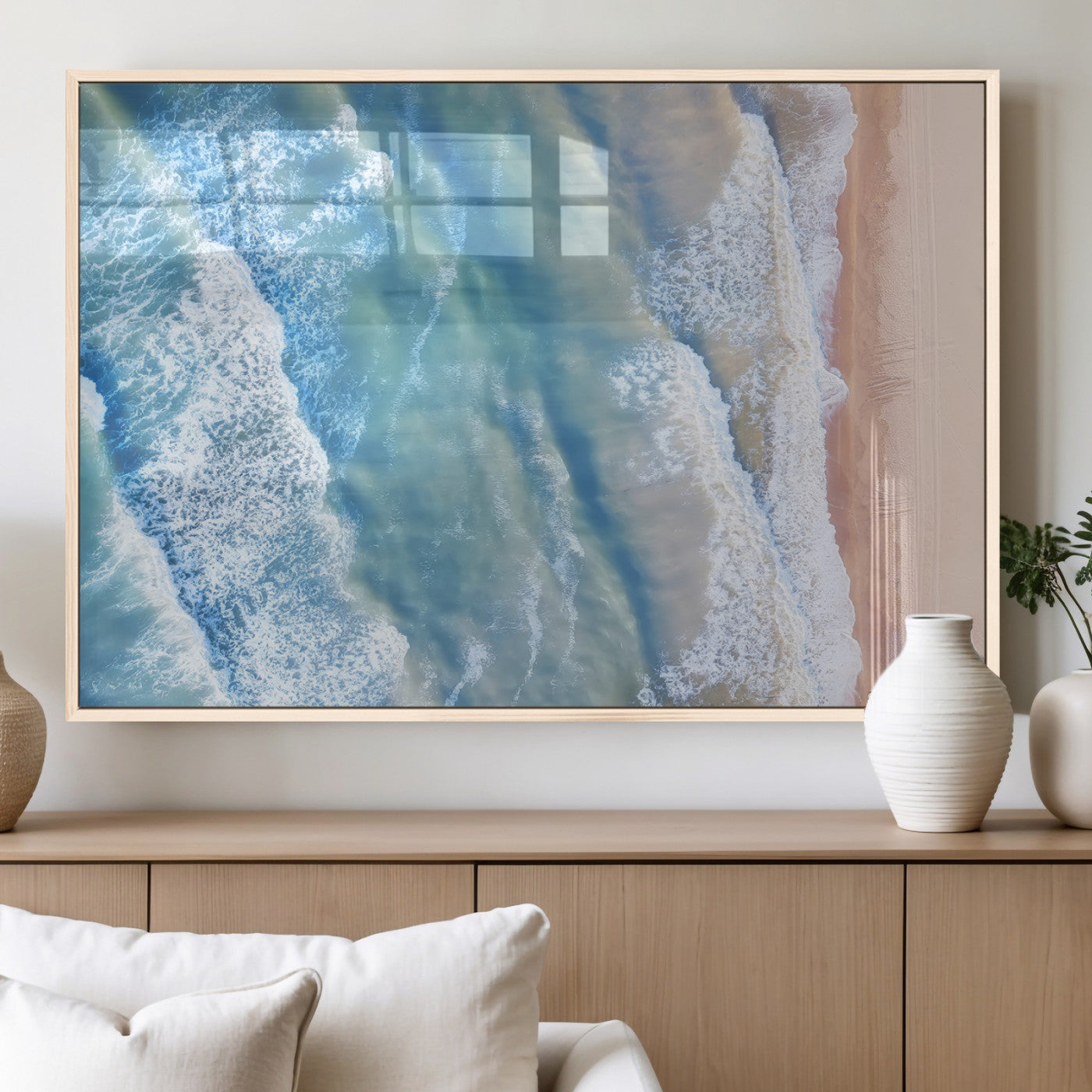 17641845-MGV-FP-60X30-3P_Natural-Aerial Ocean Wall Art Canvas Print, Framed Blue Waves Art Picture Print, Sandy Shoreline Perfect Modern Coastal Decor Artwork