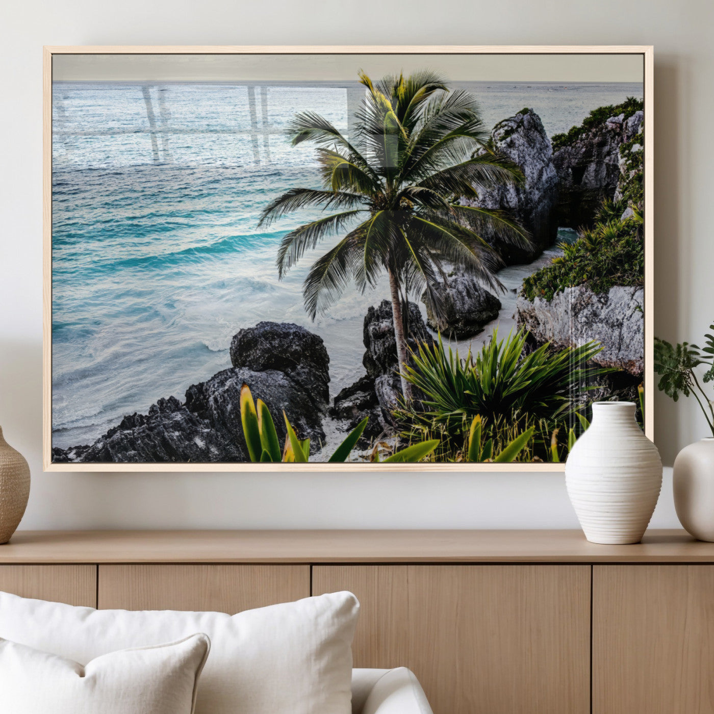 94669907-MGV-FP-60X30-3P_Natural-Tropical Coastline Wall Art Canvas Print, Framed Palm Tree Art Picture Print, Rocky Beach Perfect Tropical Coastal Decor Artwork