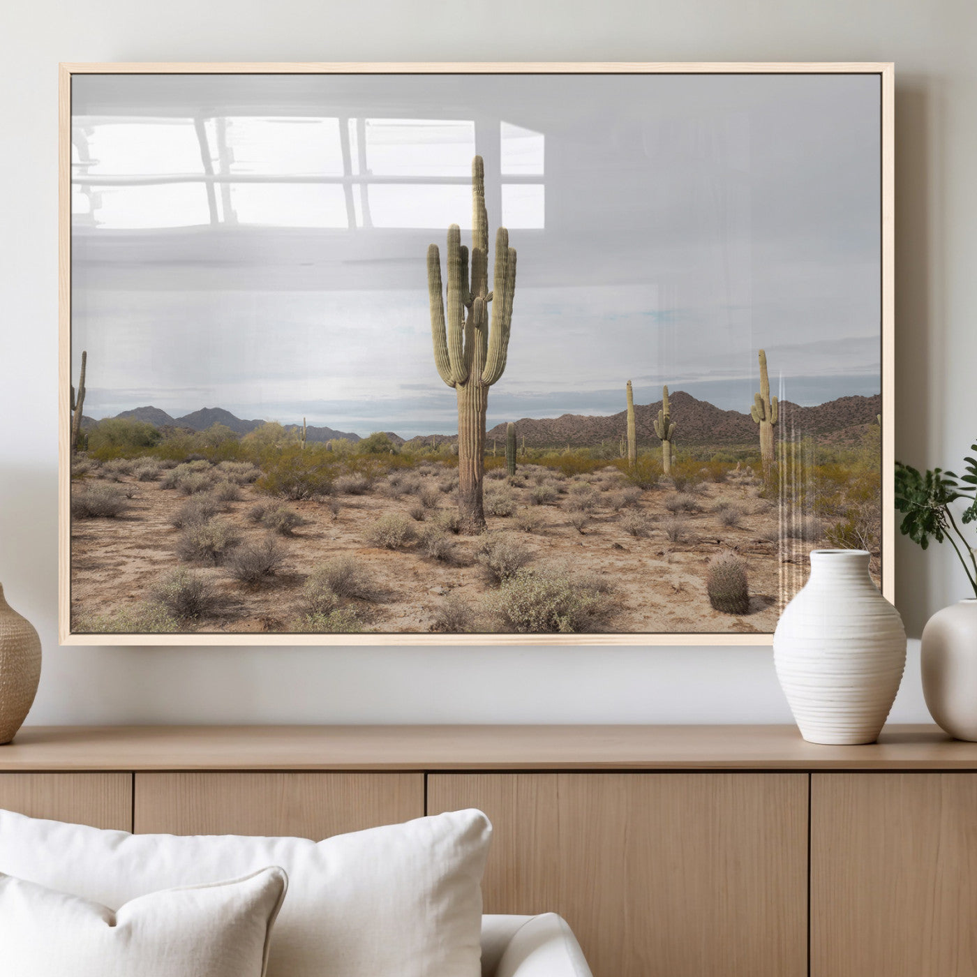 96147924-MGV-FP-36X24-3P_Natural-Saguaro Cactus Wall Art Canvas Print, Framed Desert Cactus Art Picture Print, Earthy Desert Perfect Southwestern Boho Decor