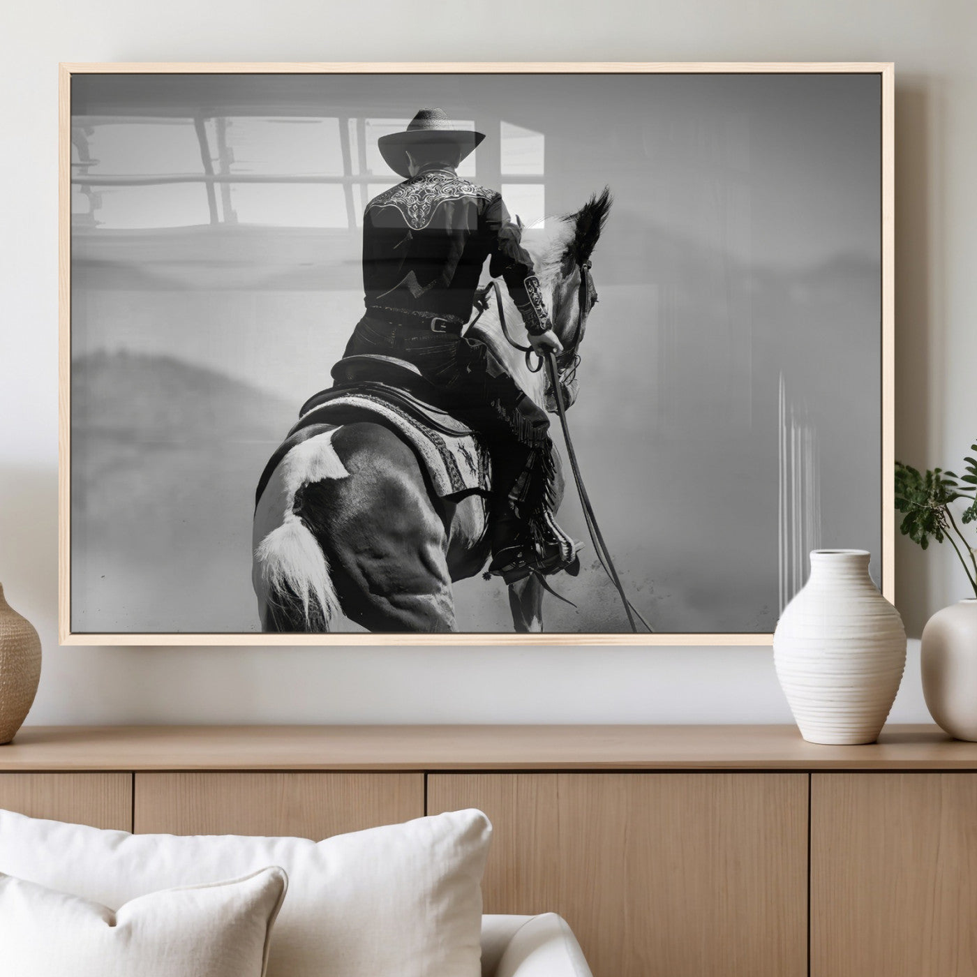 83102464-MGV-FP-60X30-3P_Natural-Western Cowboy Wall Art Canvas Print, Framed Monochrome Horse Art Picture Print, Western Equestrian Perfect Rustic Western Decor