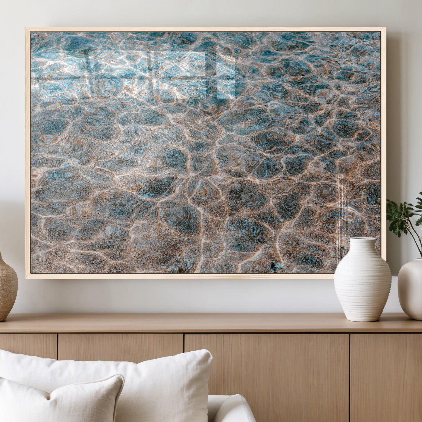 26580287-MGV-FP-60X30-3P_Natural-Clear Water Wall Art Canvas Print, Framed Sunlit Ripples Art Picture Print, Ocean Texture Perfect Modern Coastal Decor Artwork