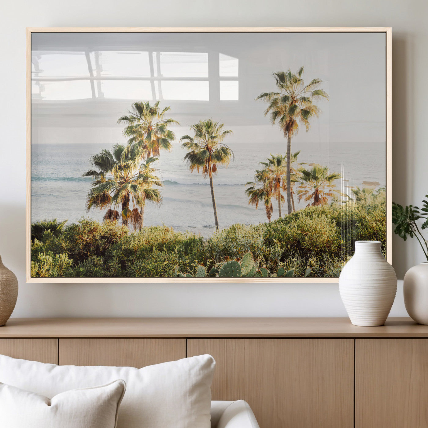 94707294-MGV-FP-60X30-3P_Natural-California Coast Wall Art Canvas Print, Framed Palm Trees Art Picture Print, Coastal Landscape Perfect Coastal Minimalist Decor