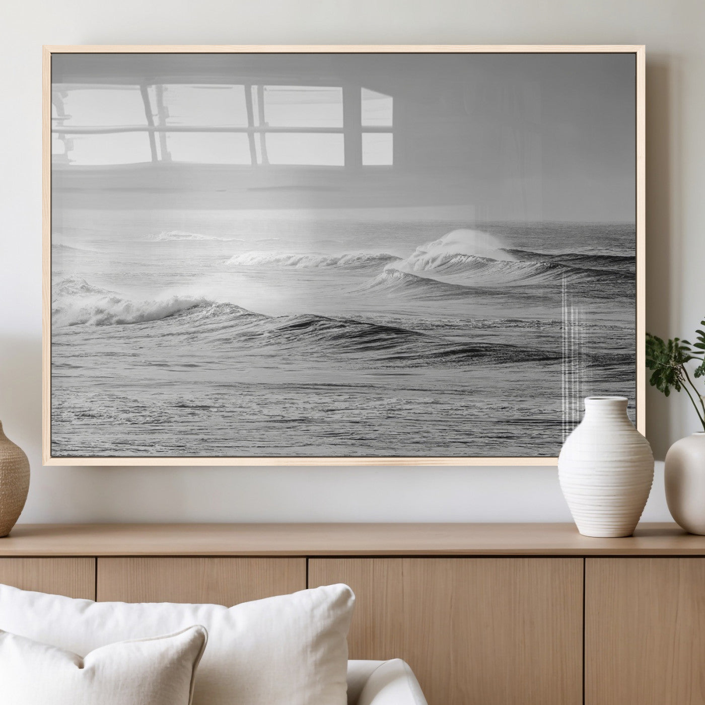 98634812-MGV-FP-36X24-3P_Natural-Black and White Ocean Waves Wall Art – Minimalist Sea Canvas Print, Coastal Photography Decor for Living Room, Bedroom or Office