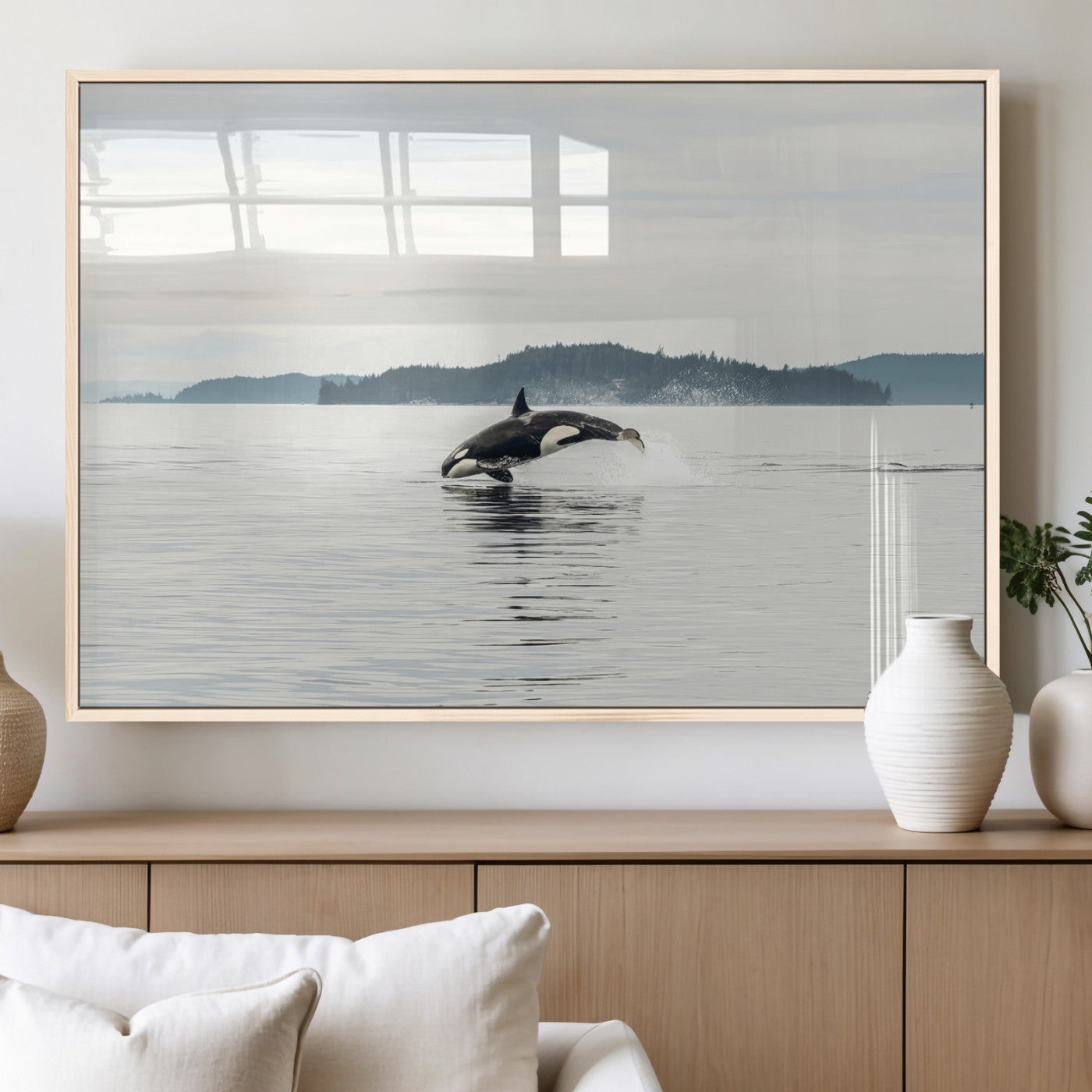 10157174-MGV-FP-36X24-3P_Natural-Orca Whale Wall Art Canvas Print, Framed Black White Whale Art Picture Print, Minimalist Ocean Perfect Coastal Minimalist Decor