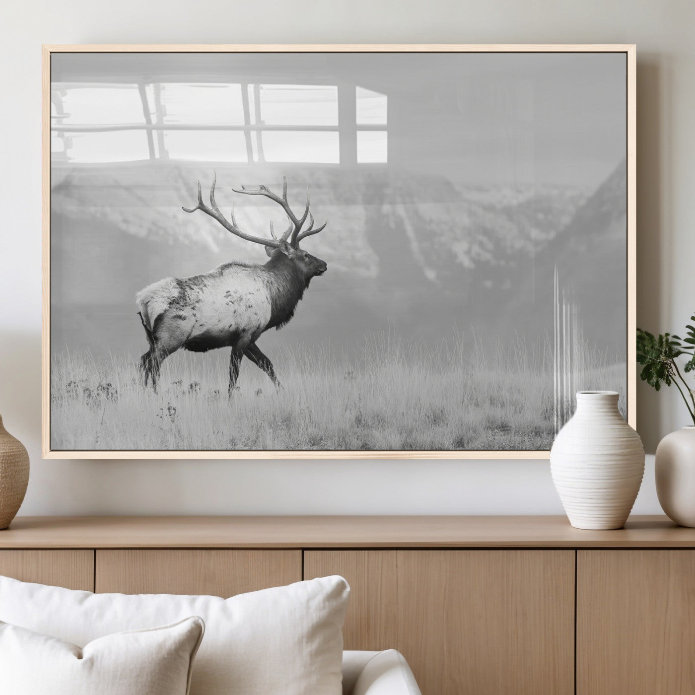 62278753-MGV-FP-36X24-3P_Natural-Monochrome Elk Wall Art Canvas Print, Framed Mountain Wildlife Art Picture Print, Rustic Nature Perfect Rustic Minimalist Decor