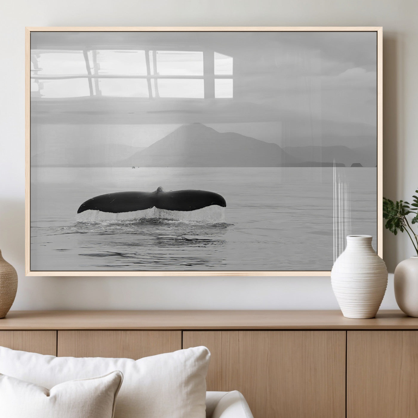 30524220-MGV-FP-36X24-3P_Natural-Whale Tail Wall Art Canvas Print, Framed Black White Ocean Art Picture Print, Calm Marine Perfect Minimalist Coastal Decor Artwork
