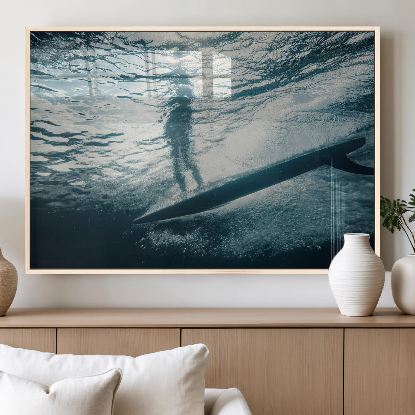 71192524-MGV-FP-36X24-3P_Natural-Submerged Surf Wall Art Canvas Print, Framed Underwater Perspective Art Picture Print, Ocean Surf Perfect Coastal Adventure Decor
