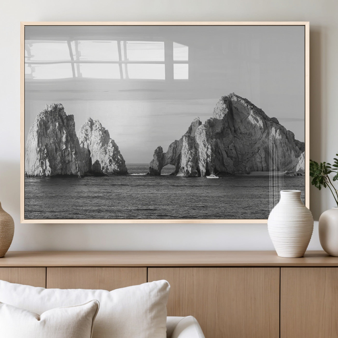 18810731-MGV-FP-36X24-3P_Natural-Rugged Coastline Wall Art Canvas Print, Framed Ocean Cliffs Art Picture Print, Monochrome Seascape Perfect Coastal Minimalist