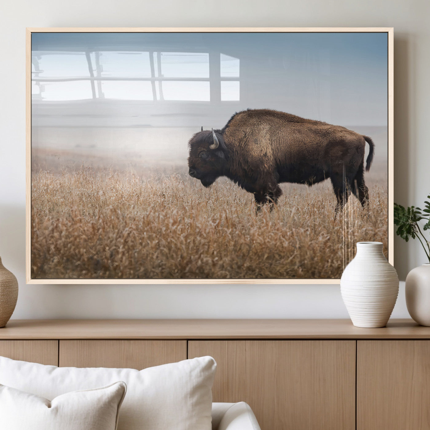 99620201-MGV-FP-60X30-3P_Natural-Wild Bison Wall Art Canvas Print, Framed Bison in Prairie Art Picture Print, Rustic Western Perfect Rustic Western Decor Artwork