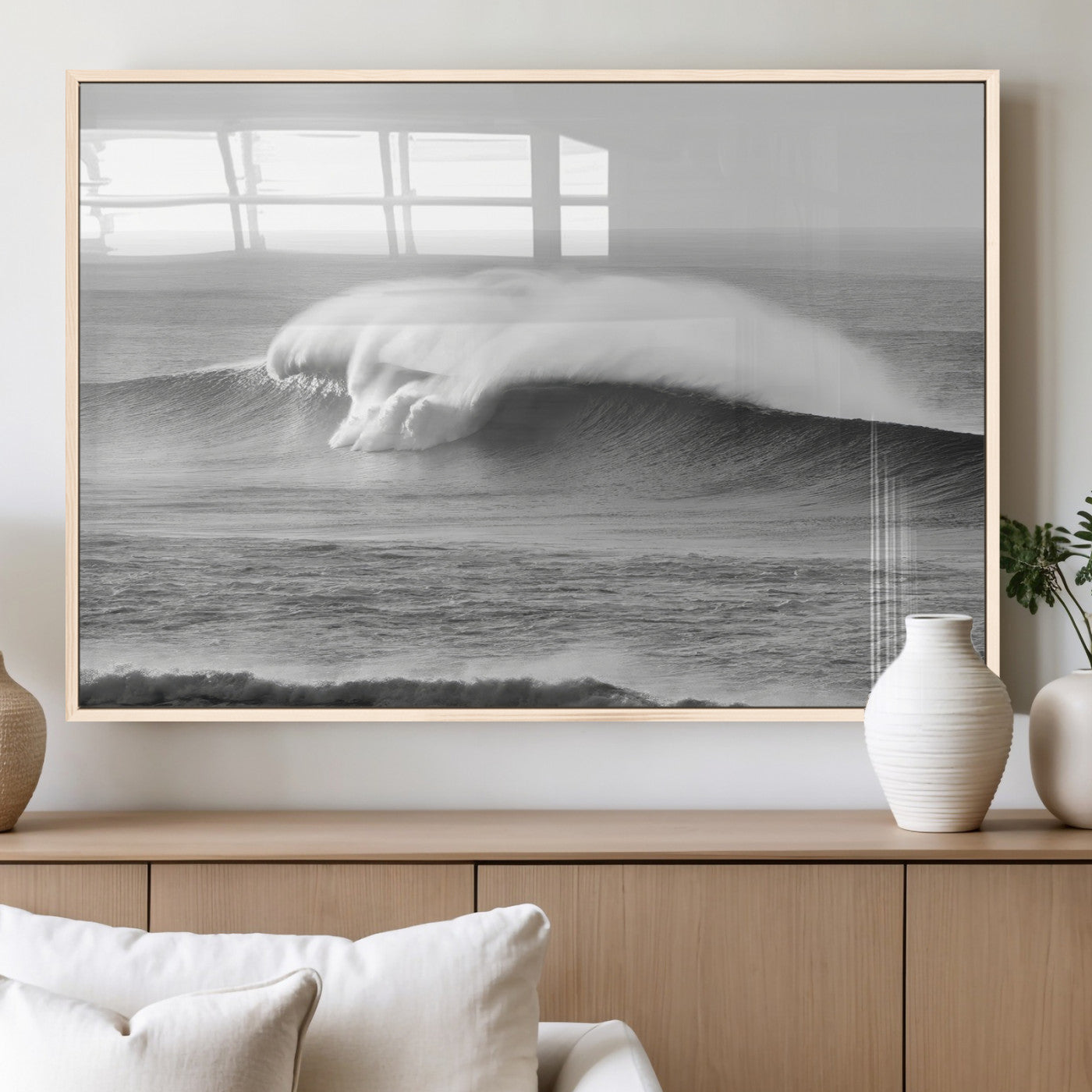42544082-MGV-FP-36X24-3P_Natural-Monochrome Seascape Wall Art Canvas Print, Framed Surf Wave Art Picture Print, Minimalist Ocean Perfect Moody Coastal Decor
