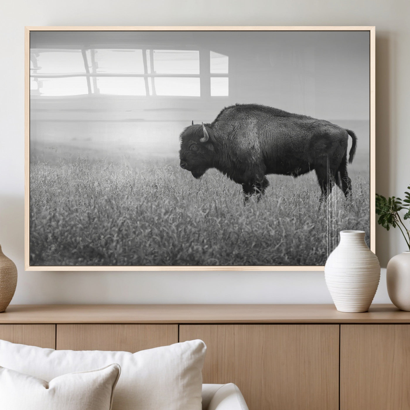 28435251-MGV-FP-36X24-3P_Natural-Bison In Prairie Wall Art Canvas Print, Framed Rustic Wildlife Art Picture Print, Wild Buffalo Perfect Rustic Western Decor