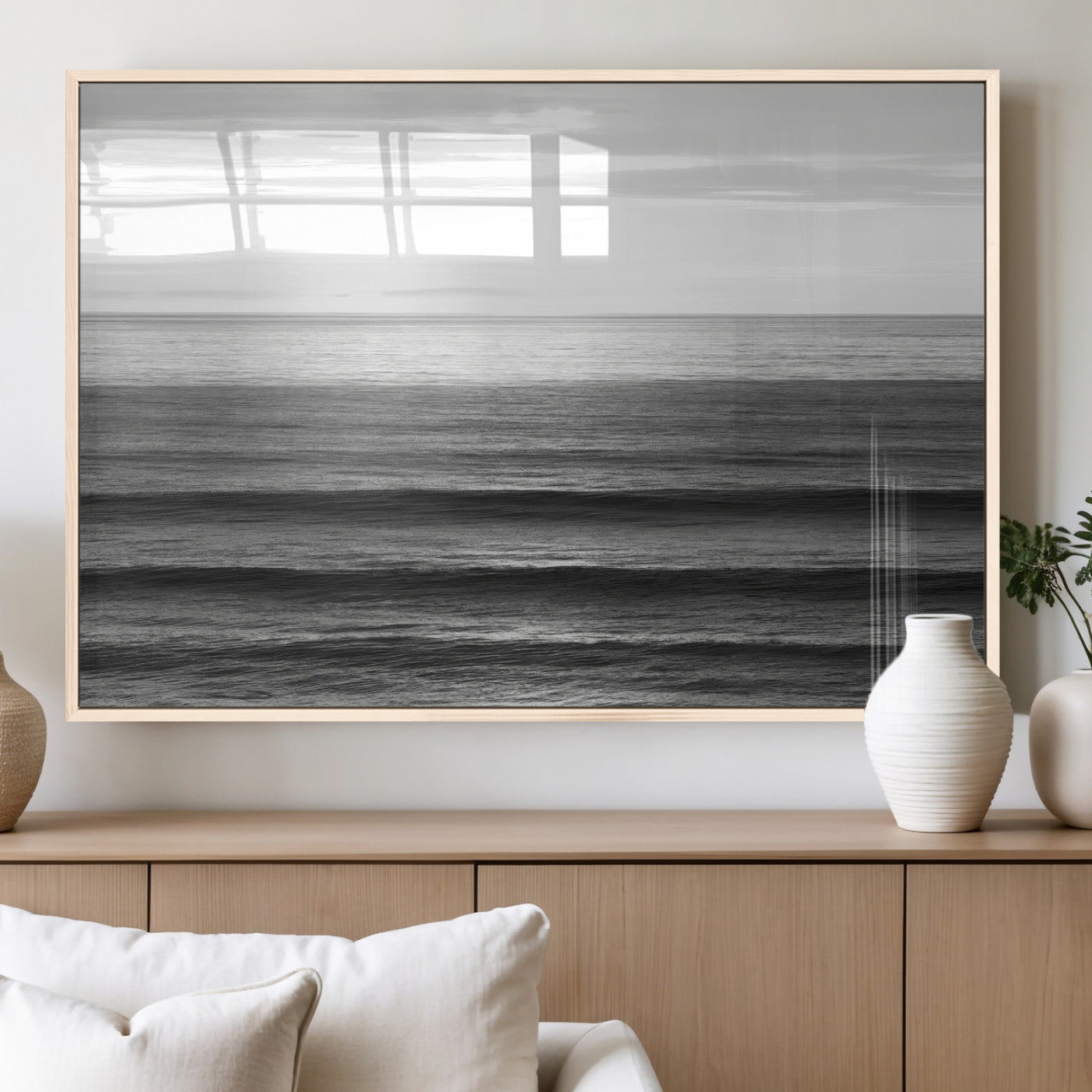 47305203-MGV-FP-60X30-3P_Natural-Monochrome Ocean Wall Art Canvas Print, Framed Moody Ocean Art Picture Print, Calm Ocean Perfect Minimalist Coastal Decor Artwork