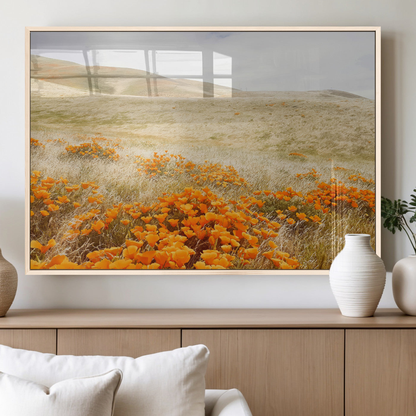 28972262-MGV-FP-36X24-3P_Natural-Golden Wildflowers Wall Art Canvas Print, Framed Hills Bloom Art Picture Print, Poppy Meadow Perfect Rustic Nature Decor Artwork