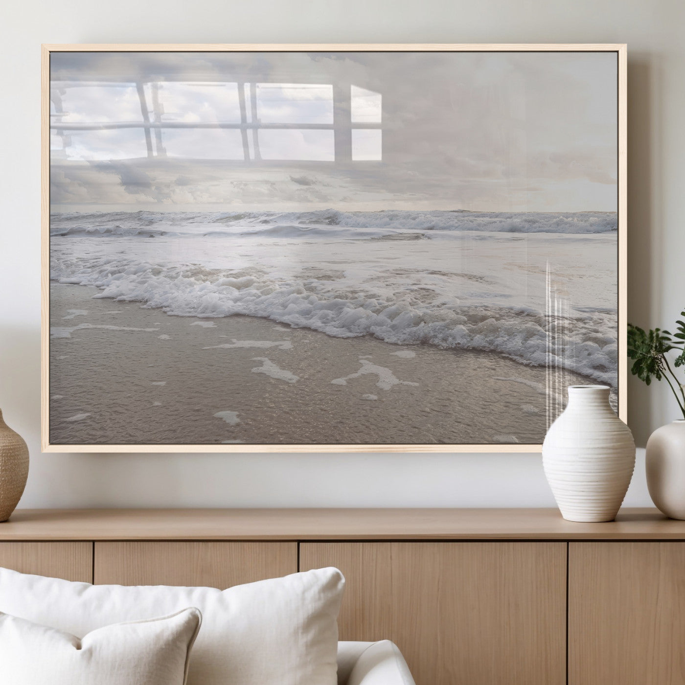70596264-MGV-FP-60X30-3P_Natural-Ocean Waves Wall Art Canvas Print, Framed Coastal Shoreline Art Picture Print, Sea Foam Perfect Coastal Minimalist Decor Artwork