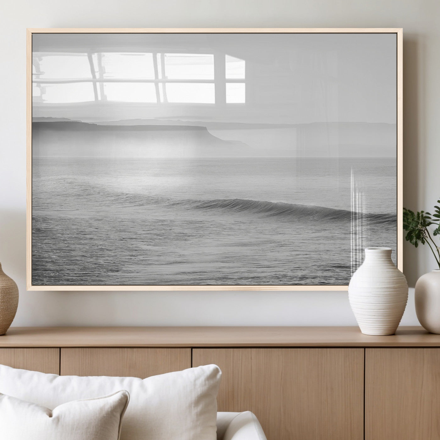 60635783-MGV-FP-36X24-3P_Natural-Black White Seascape Wall Art Canvas Print, Framed Ocean Waves Art Picture Print, Misty Coastal Perfect Minimalist Coastal Decor